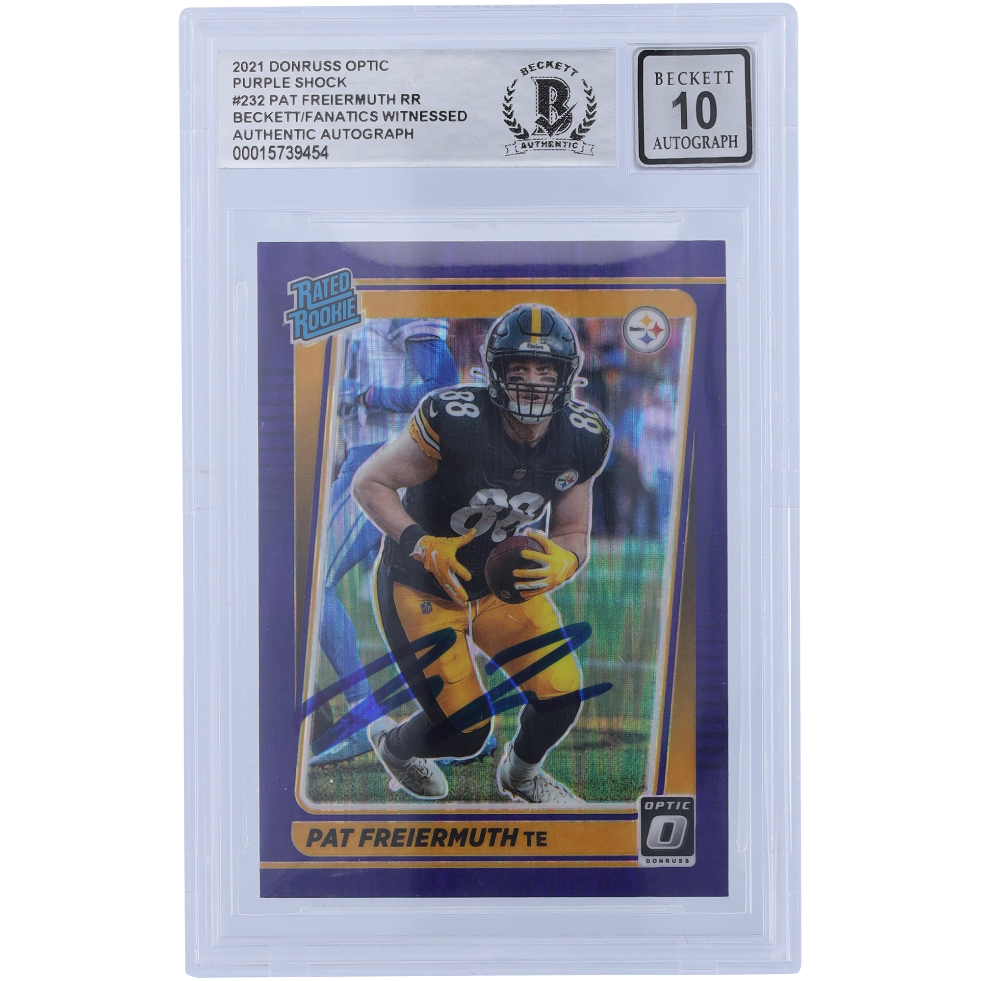 Pat Freiermuth Pittsburgh Steelers signiert 2021 Panini Donruss Optic Purple Shock Prizm #232 Beckett Fanatics bezeugt authentifiziert 10 Rookie-Karte