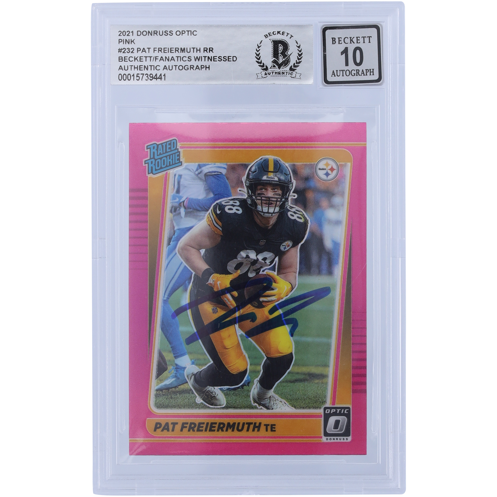 Pat Freiermuth Pittsburgh Steelers signiert 2021 Panini Donruss Optic Pink #232 Beckett Fanatics bezeugt authentifiziert 10 Rookie-Karte