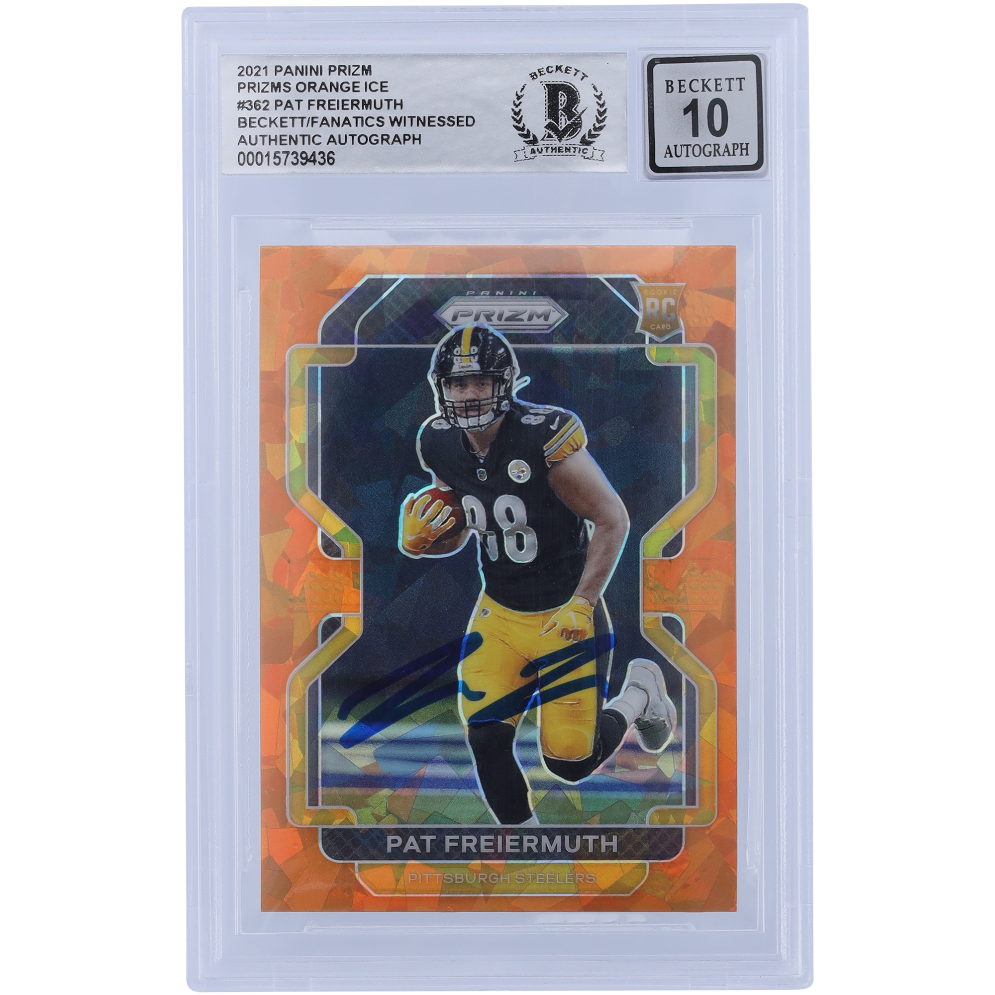 Pat Freiermuth Pittsburgh Steelers signiert 2021 Panini Prizm Orange Ice #362 Beckett Fanatics bezeugt authentifiziert 10 Rookie-Karte