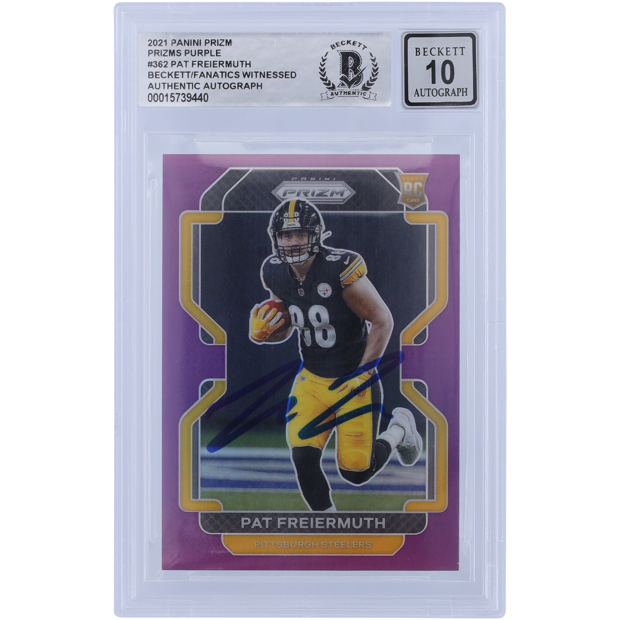 Pat Freiermuth Pittsburgh Steelers signiert 2021 Panini Prizm Purple Prizms #362 #/125 Beckett Fanatics bezeugt authentifiziert 10 Rookie-Karte