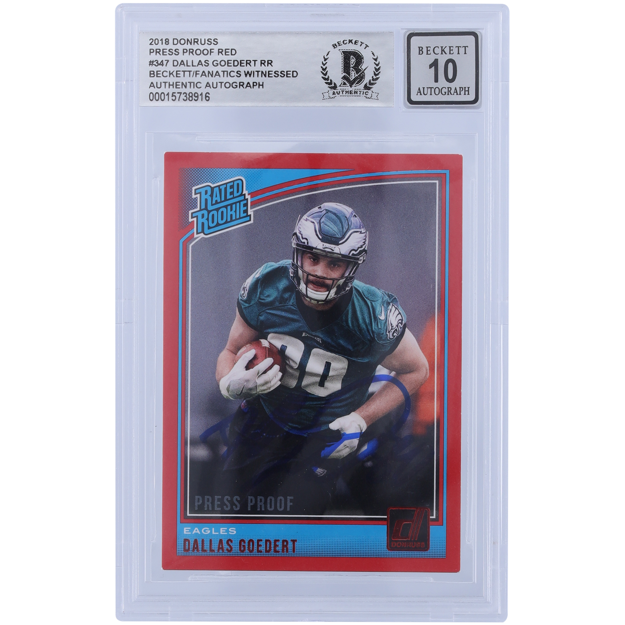 Dallas Goedert Philadelphia Eagles signierte 2018 Panini Donruss bewertet Rookie Press Proof Rot #347 Beckett Fanatics bezeugt authentifiziert 10 Rookie-Karte