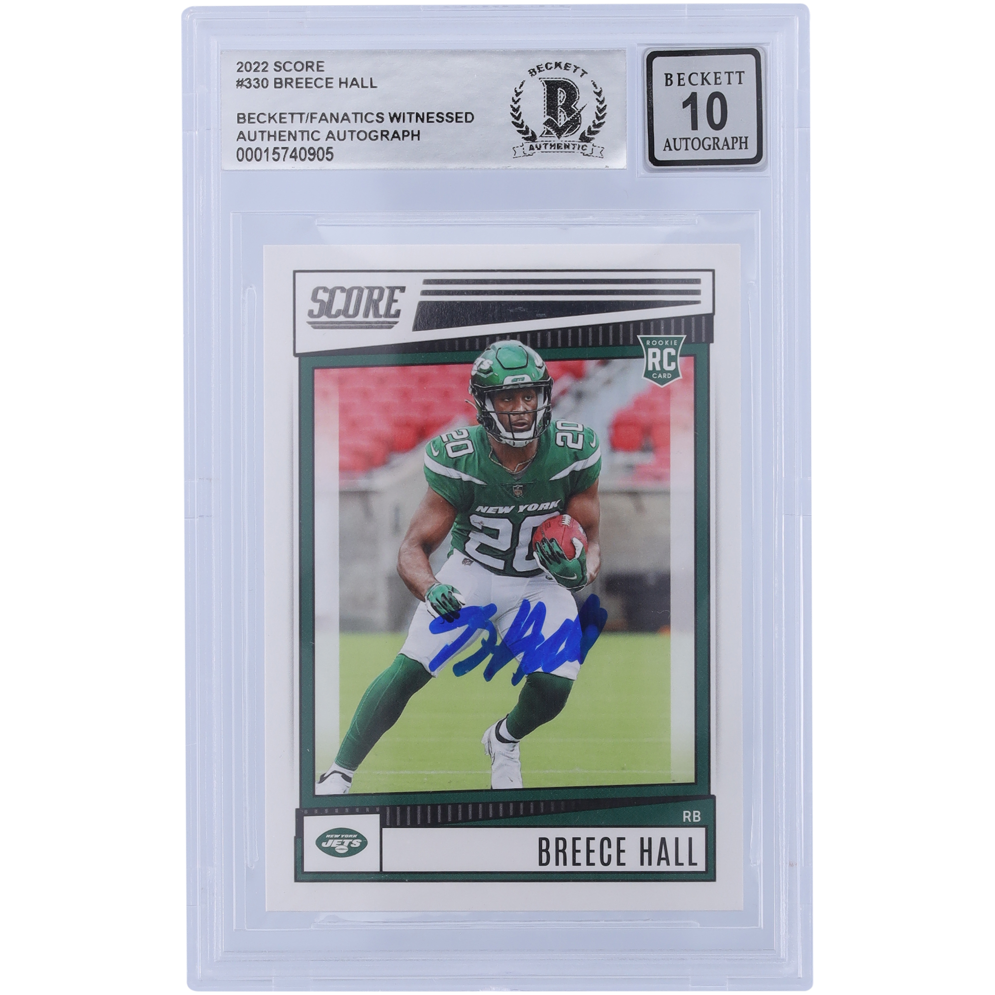 Breece Hall New York Jets signiert 2022 Panini Score #330 Beckett Fanatics bezeugt authentifiziert 10 Rookie-Karte