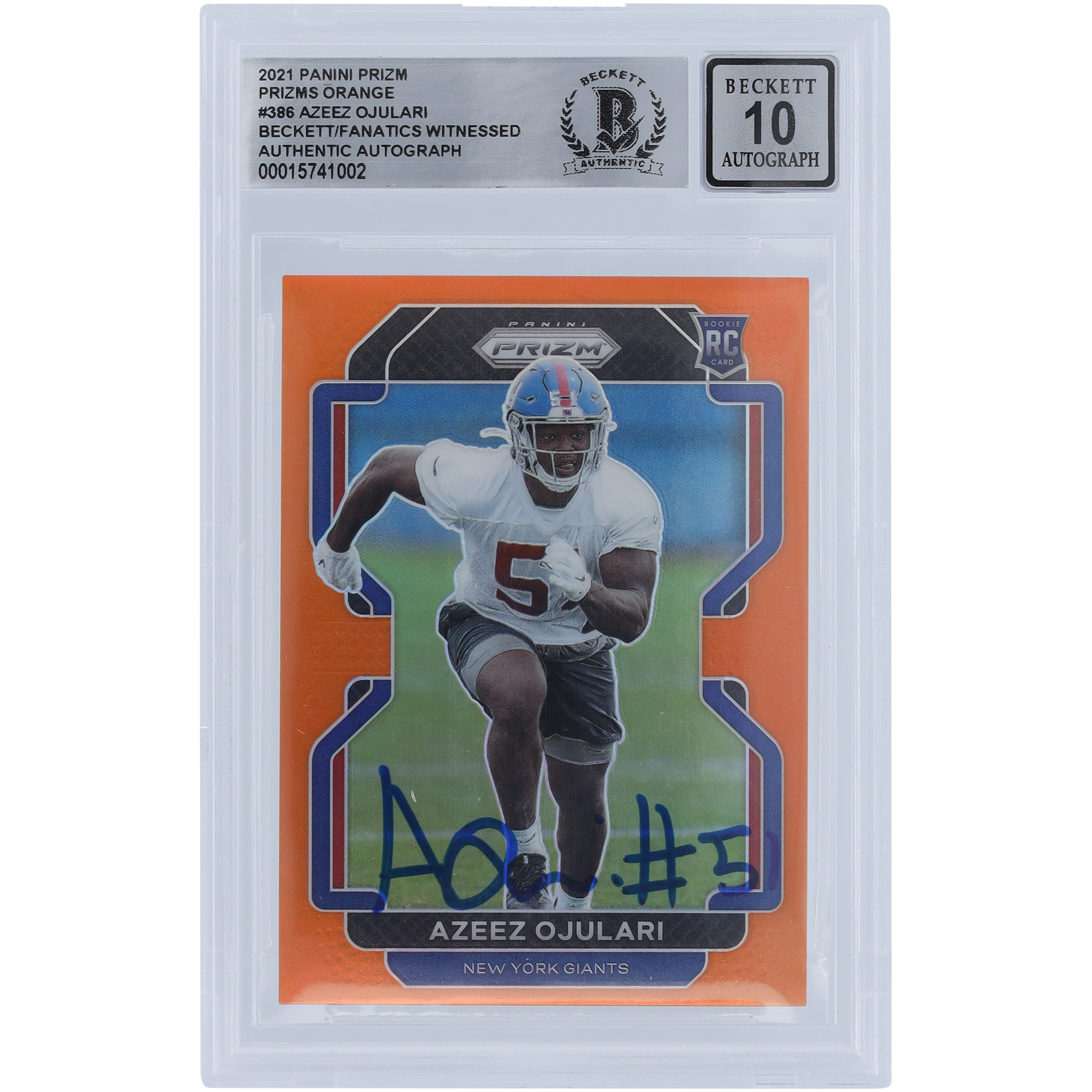 Azeez Ojulari New York Giants signiert 2021 Panini Prizm Orange Prizms #386 #/249 Beckett Fanatics bezeugt authentifiziert 10 Rookie-Karte