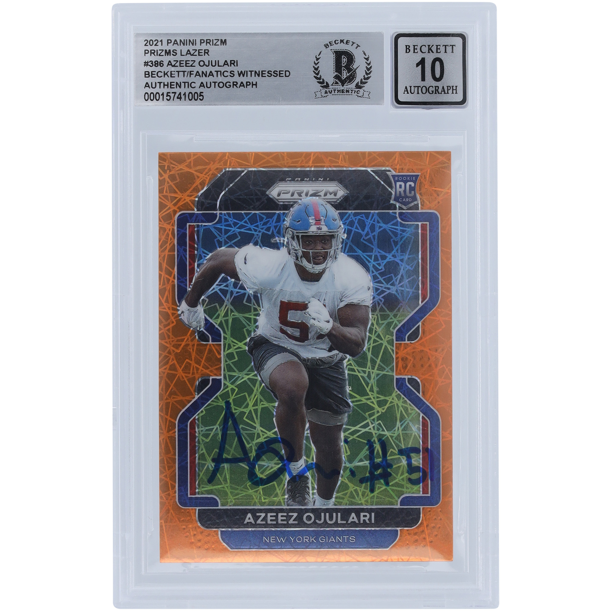 Azeez Ojulari New York Giants signiert 2021 Panini Prizm Lazer #386 Beckett Fanatics bezeugt authentifiziert 10 Rookie-Karte