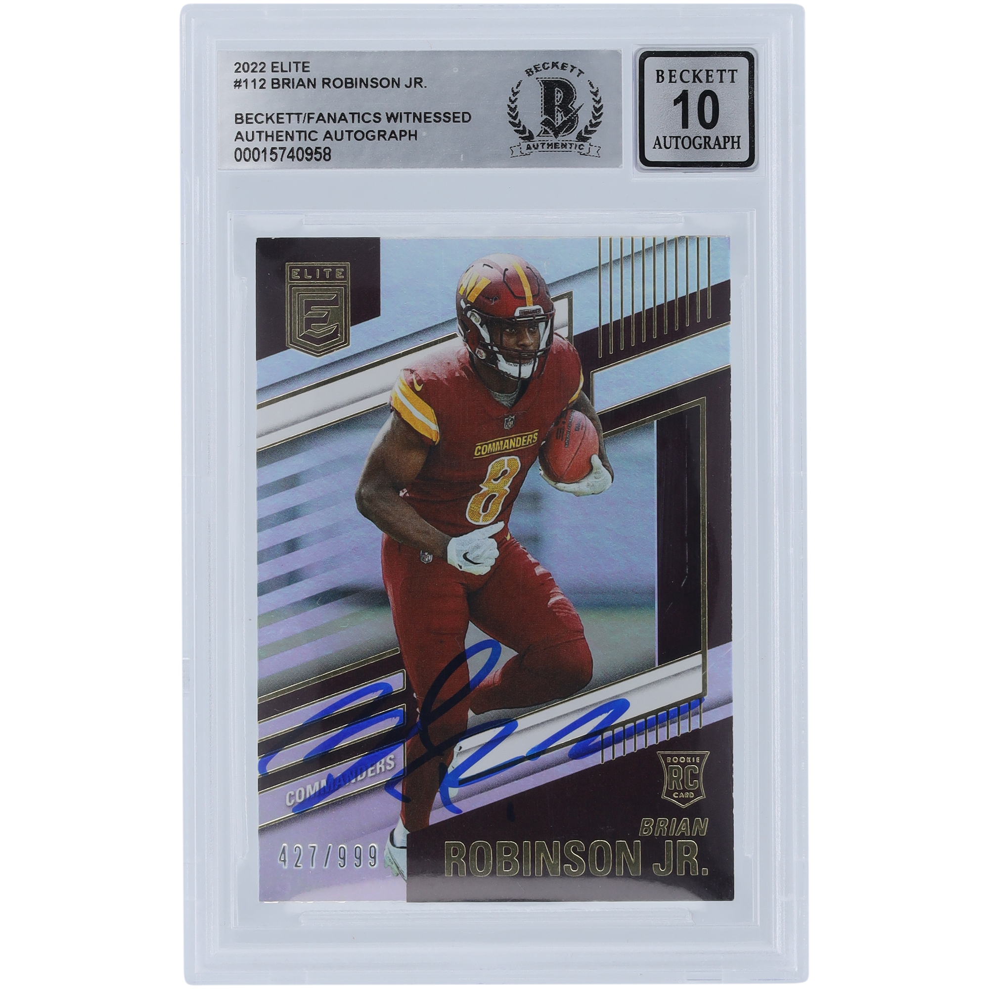 Brian Robinson Jr. Washington Commanders signiert 2022 Panini Elite #112 #/999 Beckett Fanatics bezeugt authentifiziert 10 Rookie-Karte