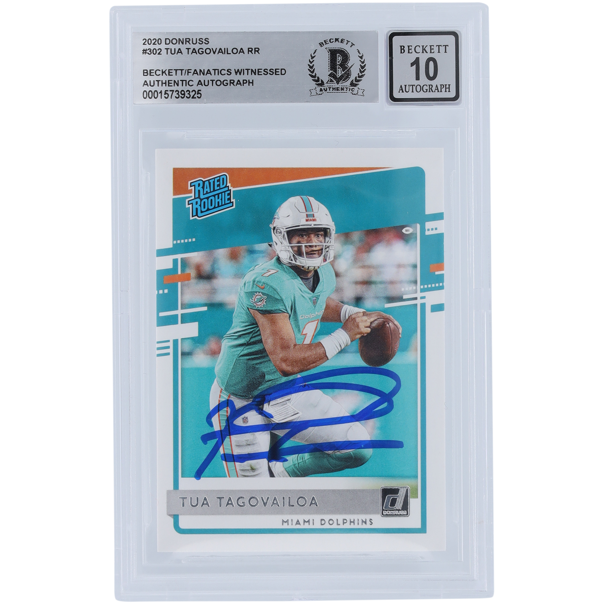 Tua Tagovailoa Miami Dolphins signiert 2020 Panini Donruss bewertet Rookie #302 Beckett Fanatics bezeugt authentifiziert 10 Rookie-Karte