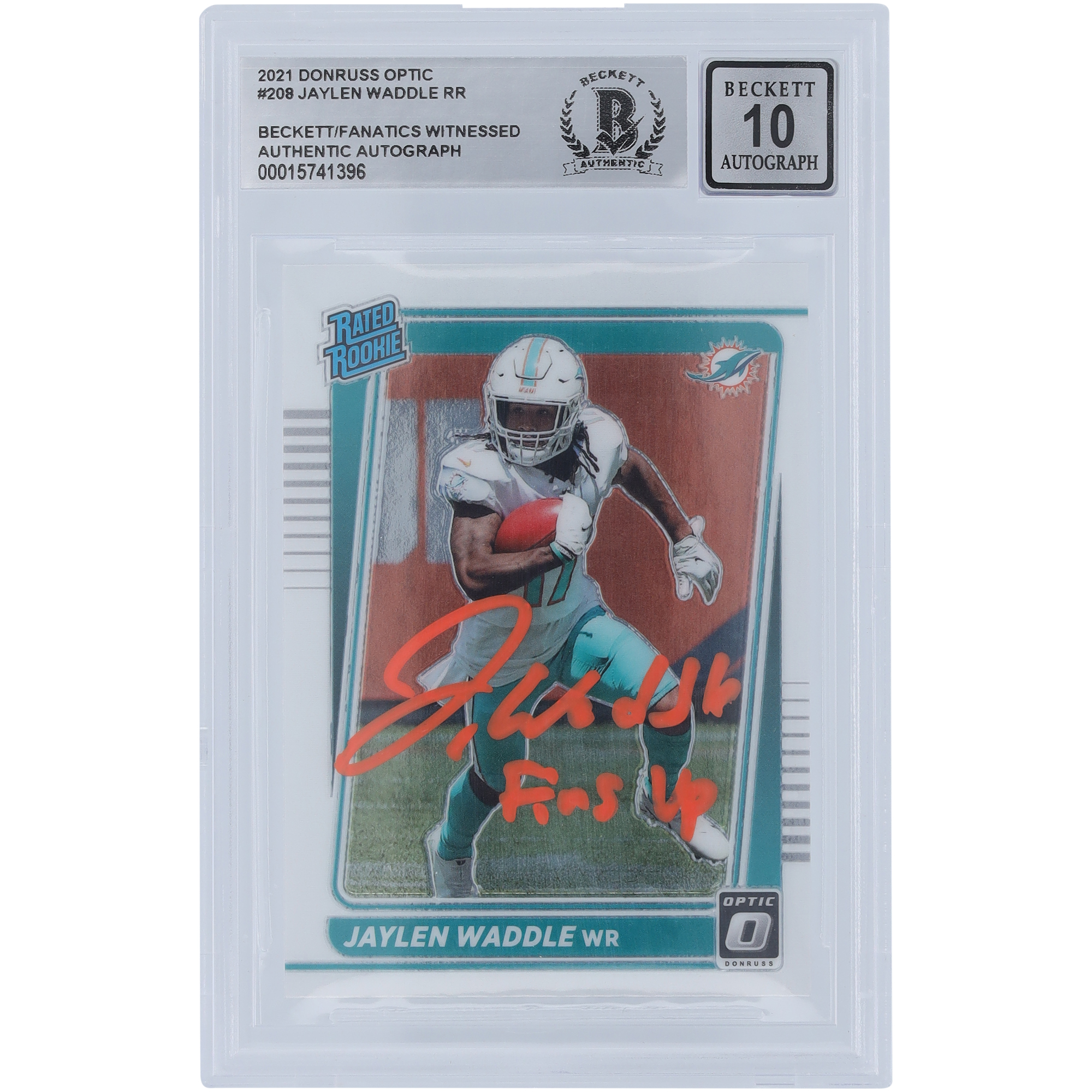 Jaylen Waddle Miami Dolphins signierte 2021 Panini Donruss Optic Rated Rookie Orange Ink #208 Beckett Fanatics bezeugte authentifizierte 10 Rookie-Karte mit „FINS UP“-Aufschrift