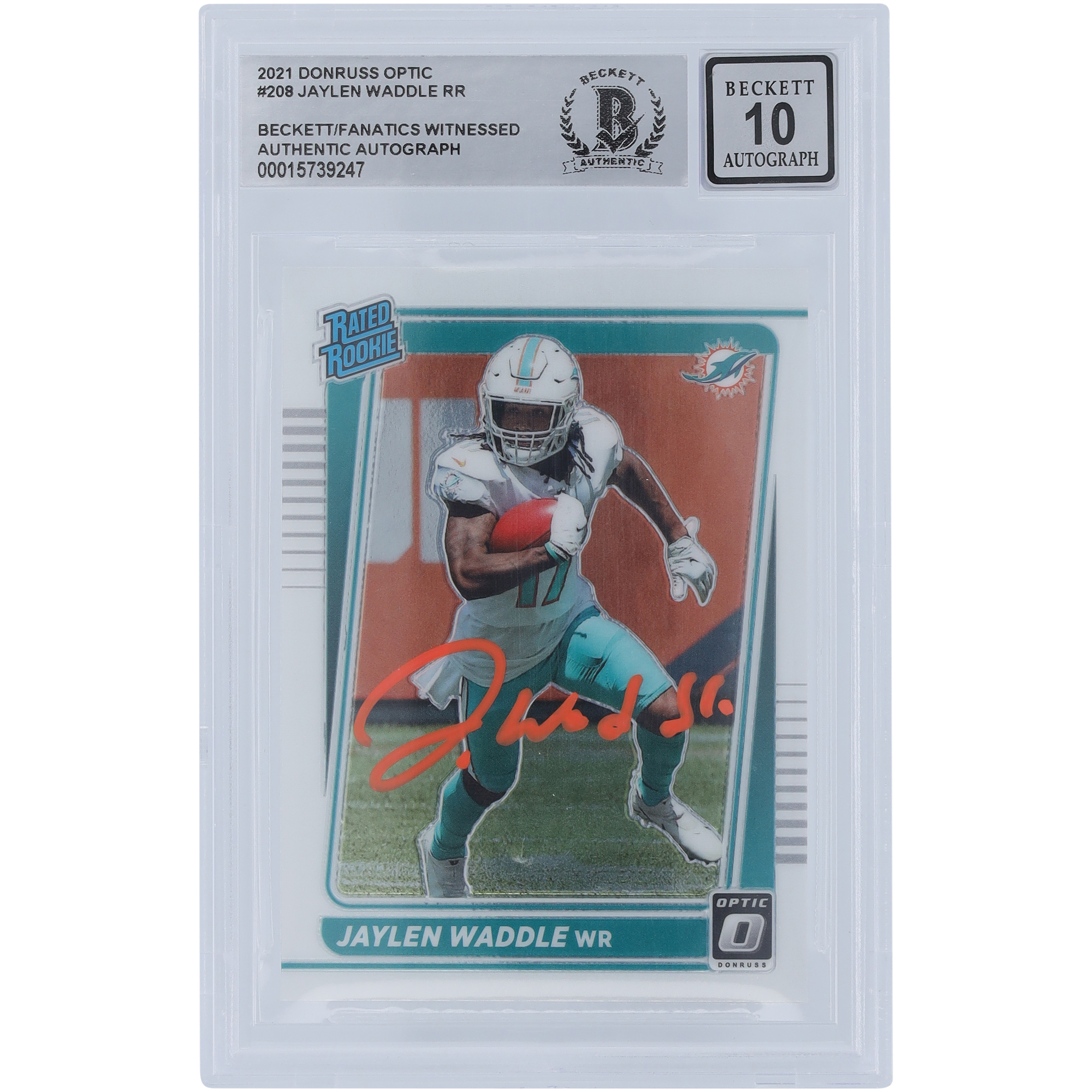 Jaylen Waddle Miami Dolphins signiert 2021 Panini Donruss Optic Rated Rookie Orange Ink #208 Beckett Fanatics bezeugt authentifizierte 10 Rookie-Karte