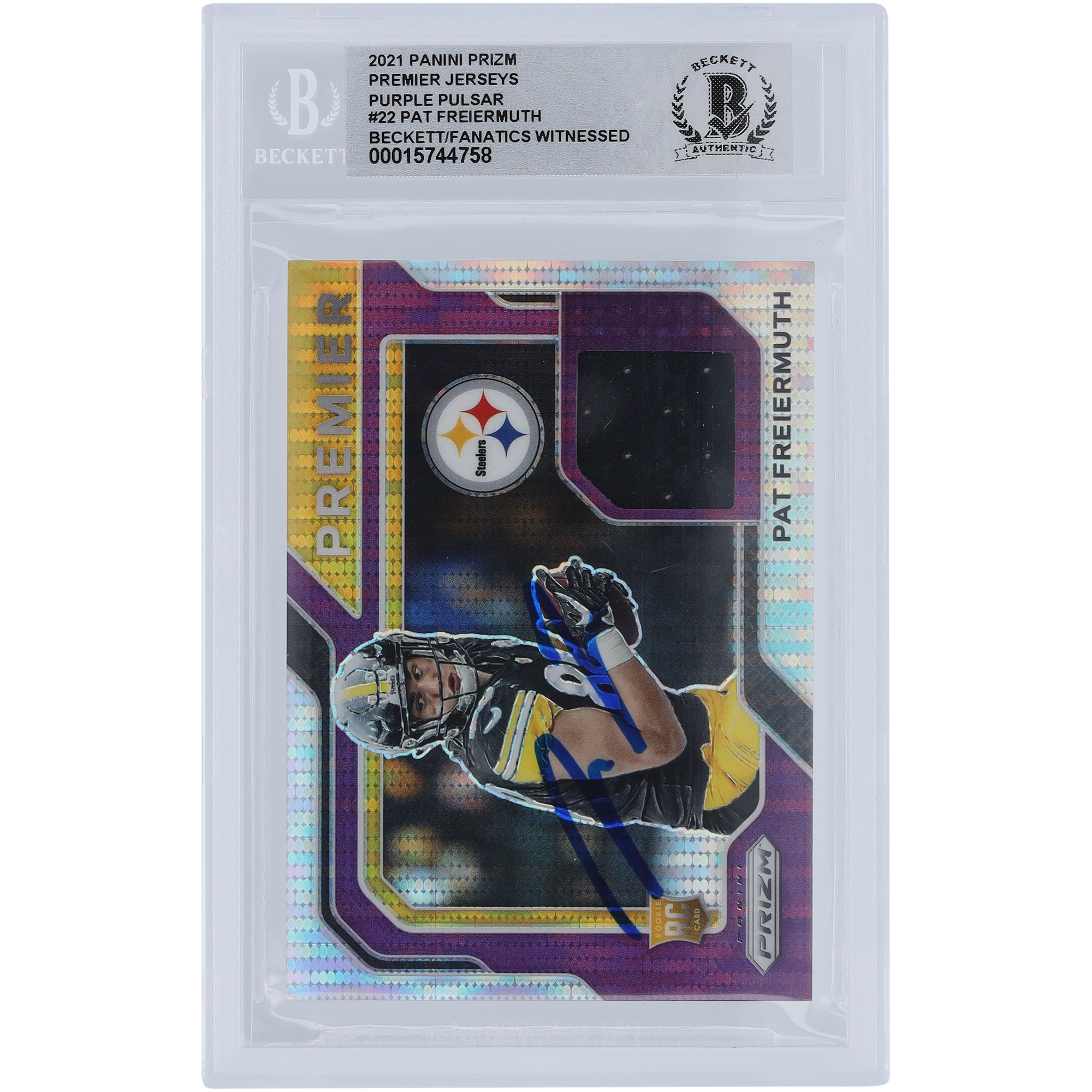 Pat Freiermuth Pittsburgh Steelers signierte 2021 Panini Prizm Premier Trikots Purple Pulsar Relic #PJ-22 Beckett Fanatics bezeugte authentifizierte 10 Rookie-Karte