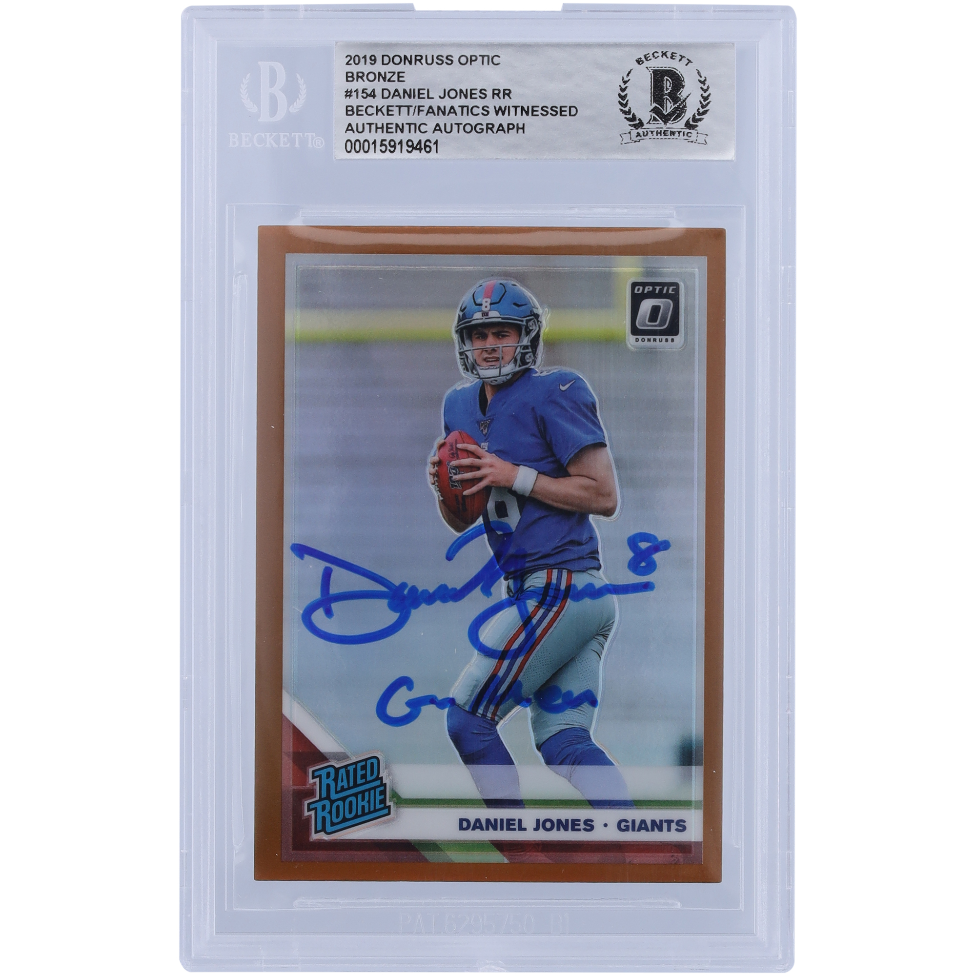 Daniel Jones New York Giants signierte 2019 Panini Donruss Optic Bronze #154 Beckett Fanatics bezeugte authentifizierte Rookie-Karte mit „G-MEN“-Inschrift