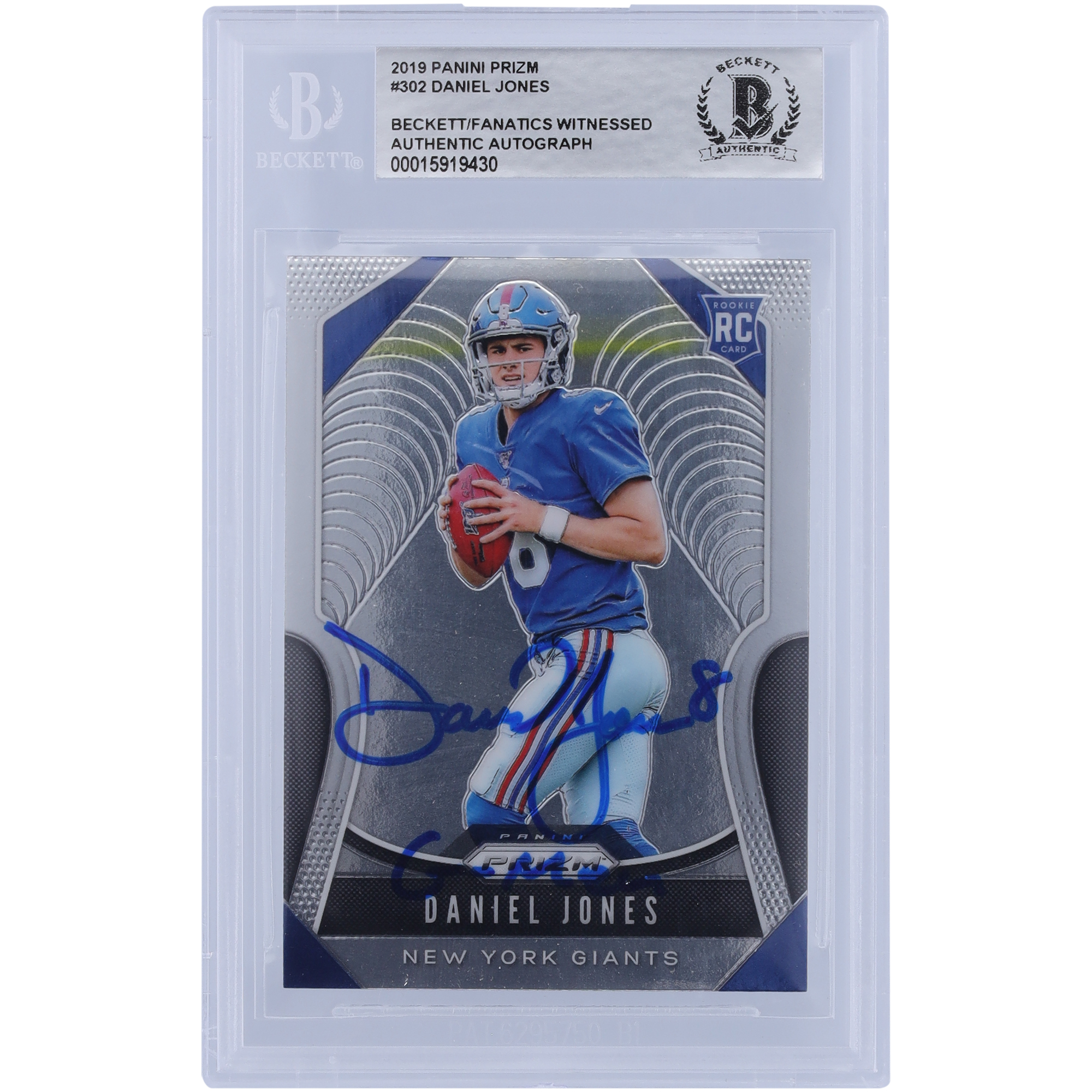 Daniel Jones New York Giants signierte 2019 Panini Prizm #302 Beckett Fanatics bezeugte authentifizierte Rookie-Karte mit „G-MEN“-Inschrift