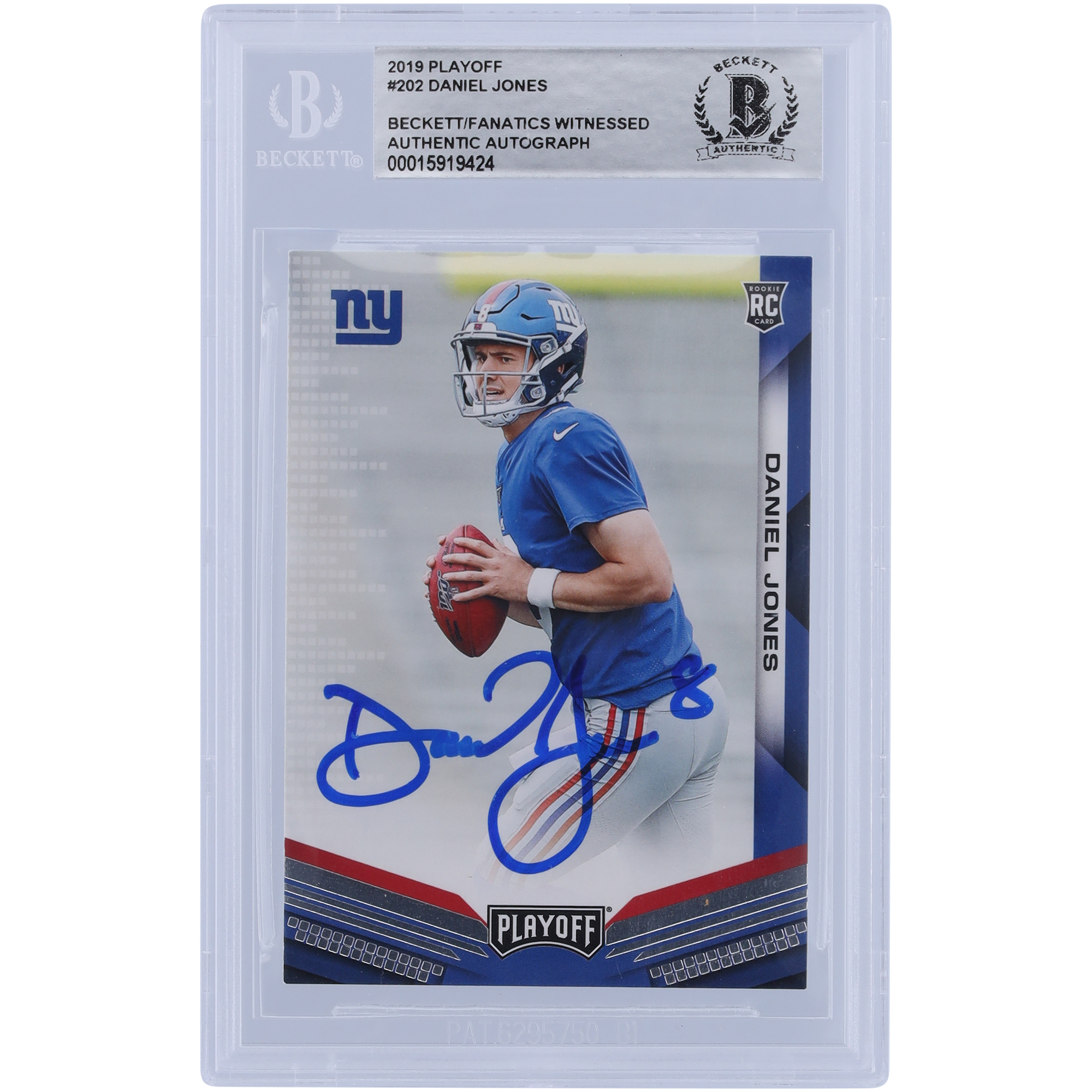 Daniel Jones New York Giants signierte 2019 Panini Playoff #202 Beckett Fanatics bezeugte authentifizierte Rookie-Karte