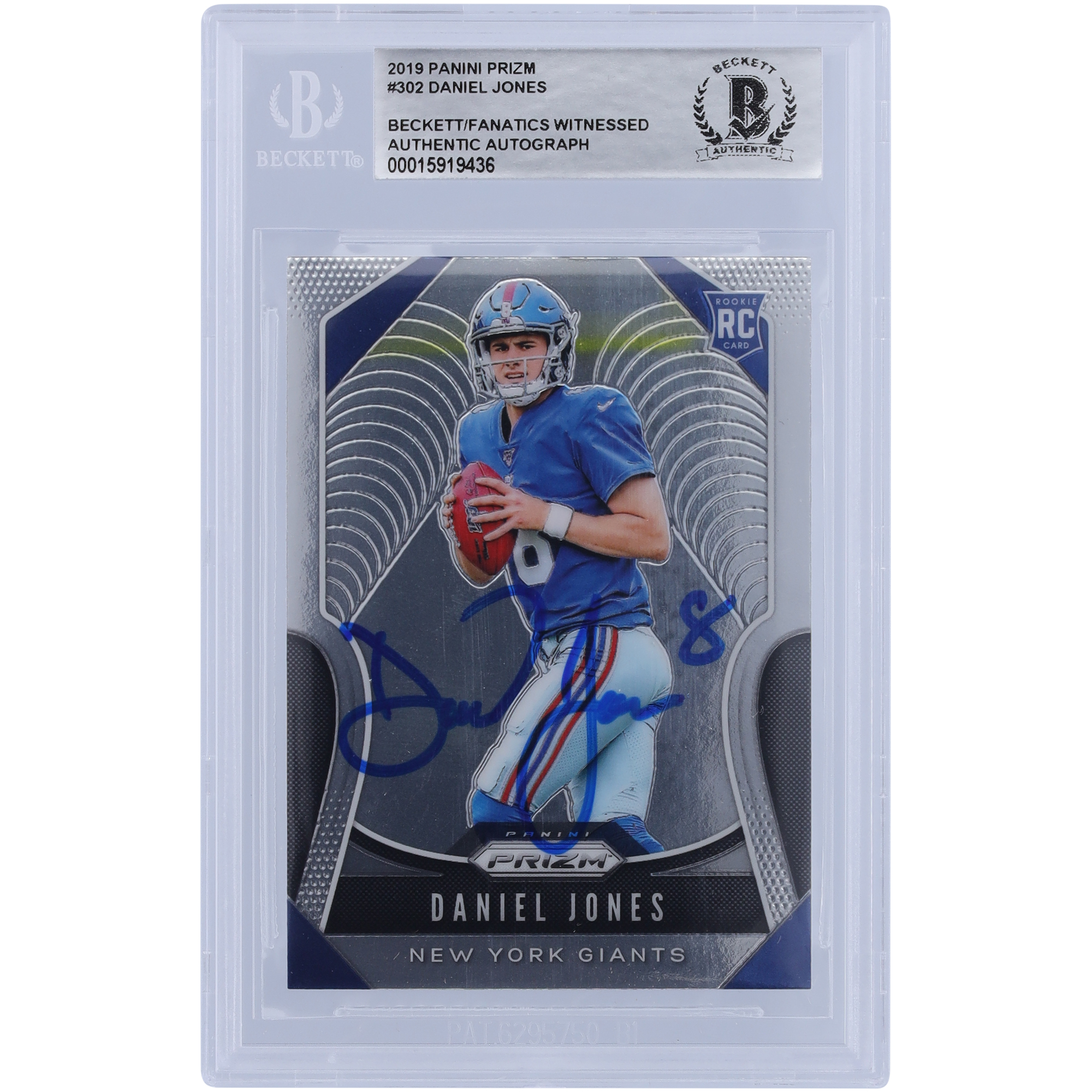 Daniel Jones New York Giants signierte 2019 Panini Prizm #302 Beckett Fanatics bezeugte authentifizierte Rookie-Karte