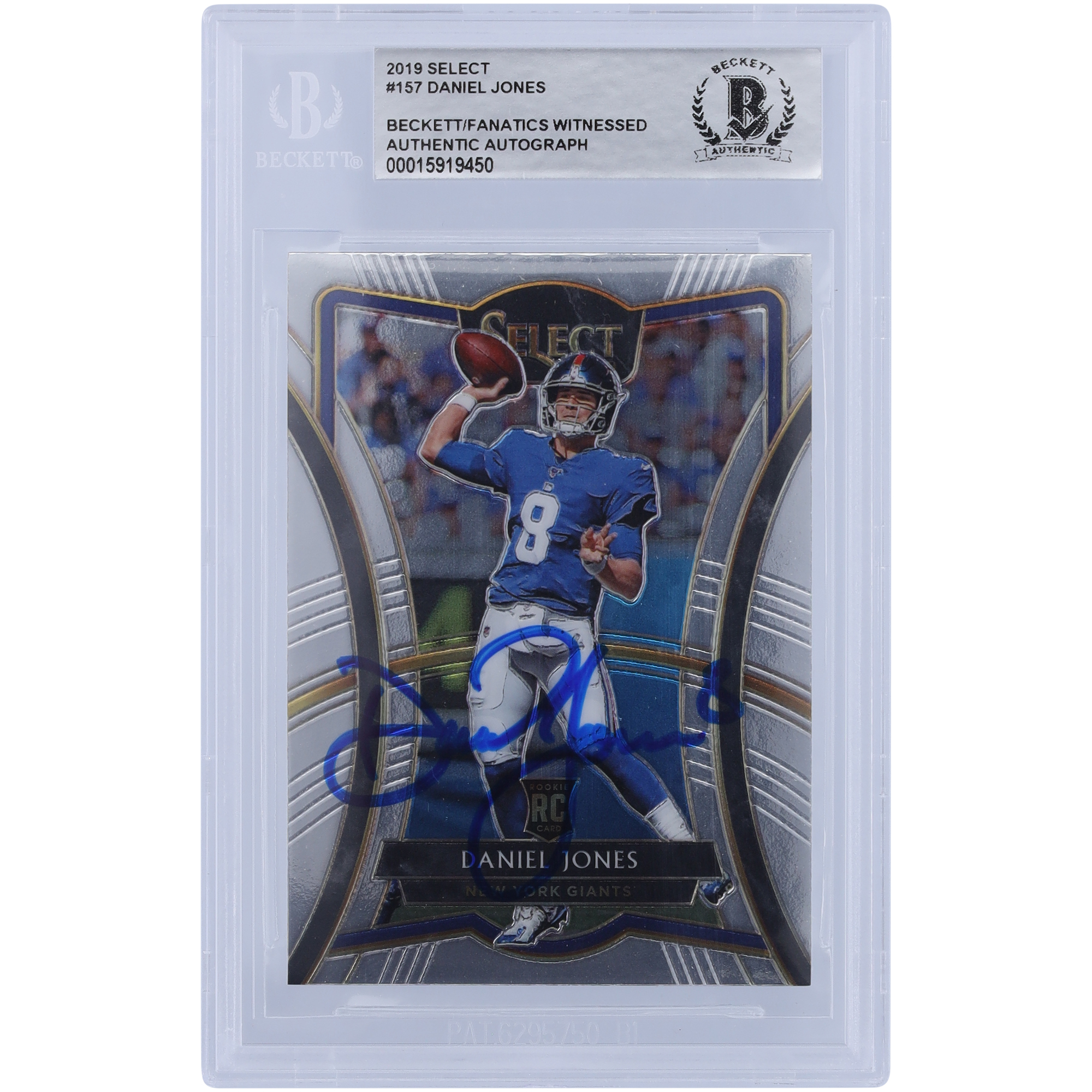 Daniel Jones New York Giants signierte 2019 Panini Select #157 Beckett Fanatics bezeugte authentifizierte Rookie-Karte