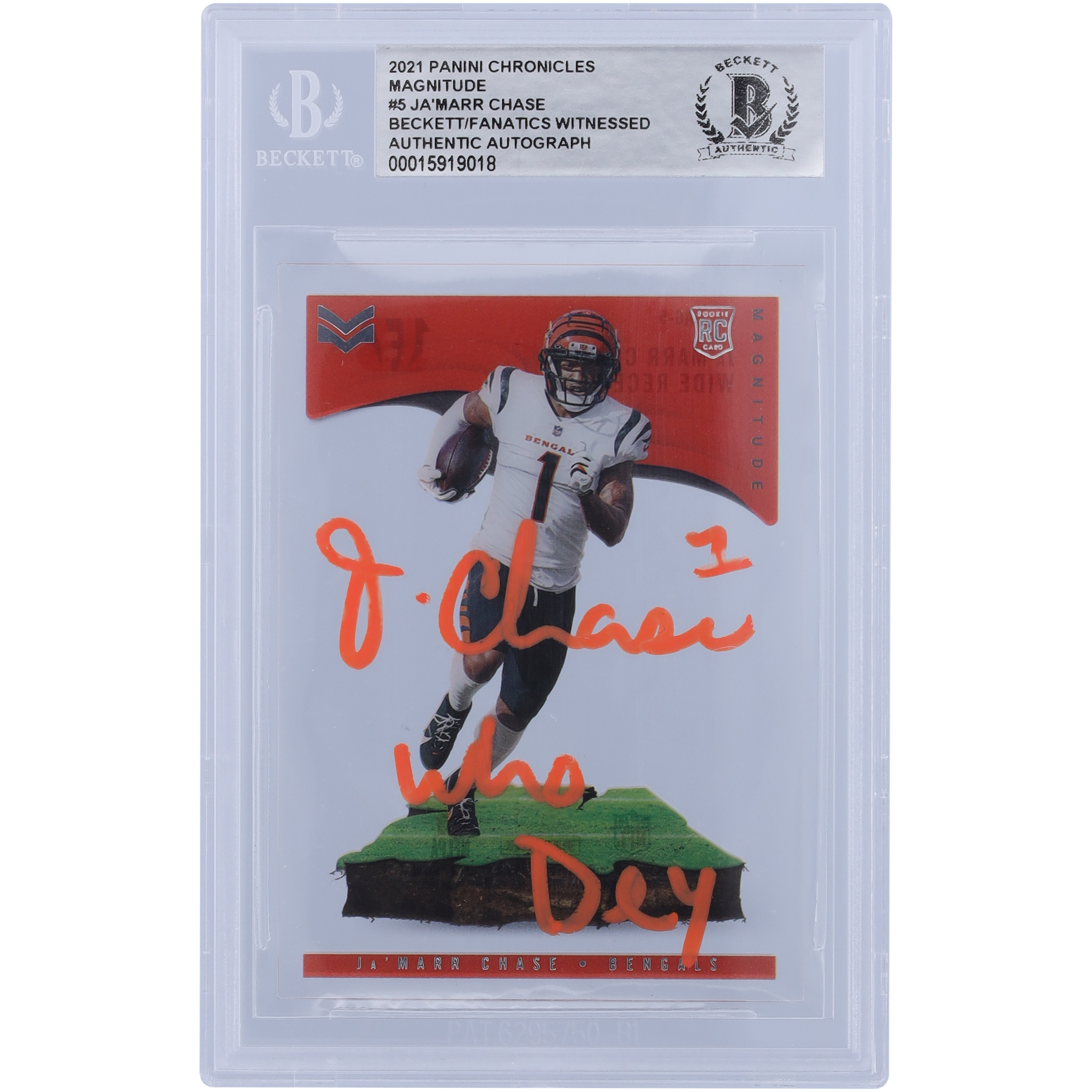 Ja’Marr Chase Cincinnati Bengals signierte 2021 Panini Chronicles Magnitude Orange Ink #MAG-5 Beckett Fanatics bezeugte authentifizierte Rookie-Karte mit „Who Dey“-Aufschrift