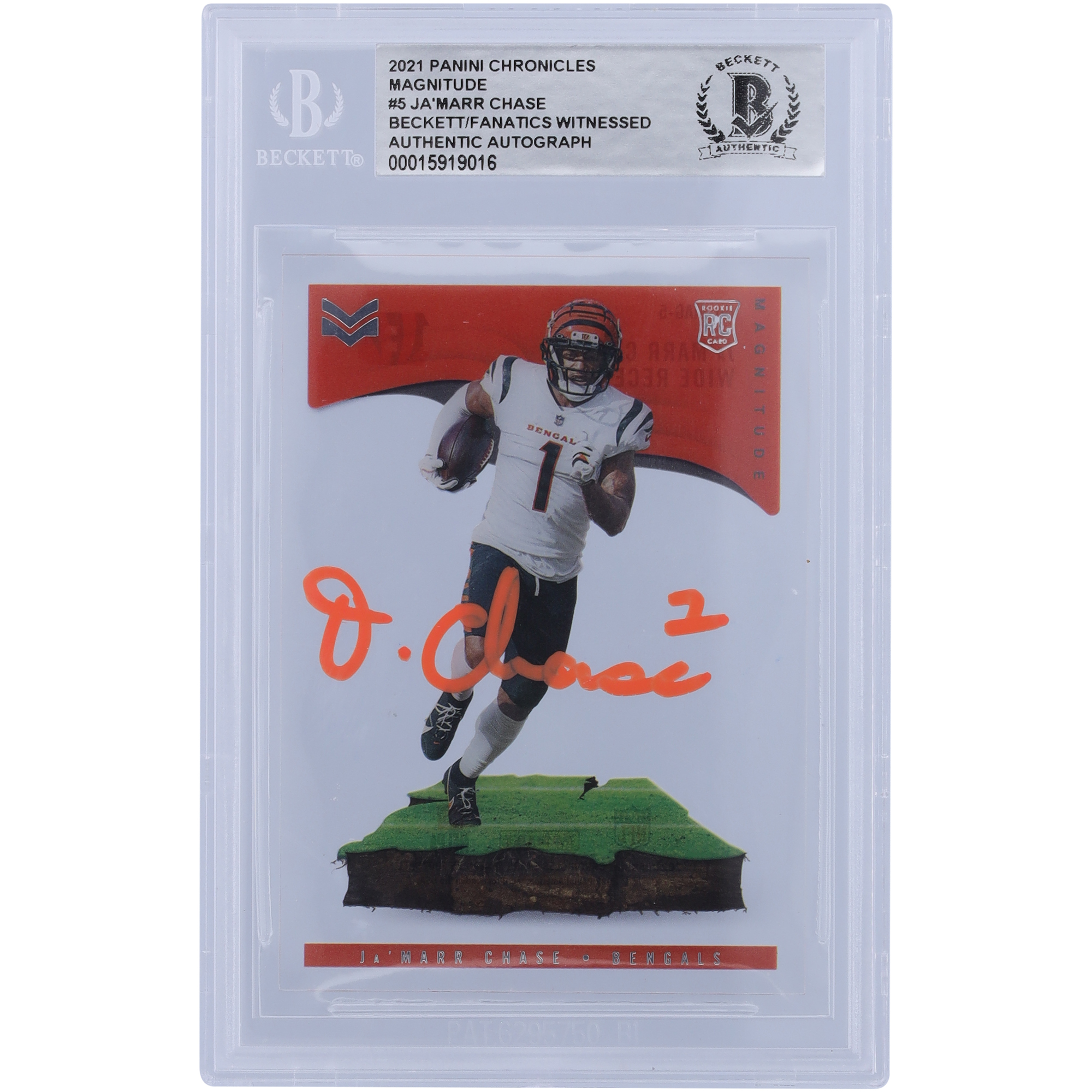 Ja’Marr Chase Cincinnati Bengals signierte 2021 Panini Chronicles Magnitude Orange Ink #MAG-5 Beckett Fanatics bezeugte authentifizierte Rookie-Karte