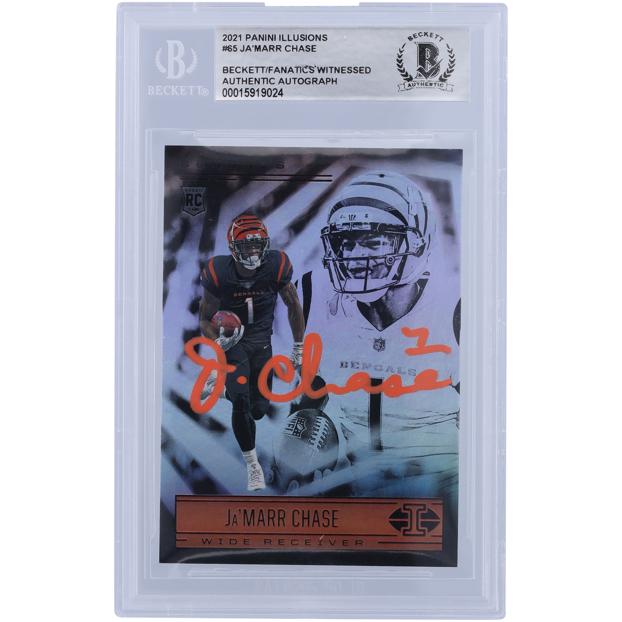 Ja’Marr Chase Cincinnati Bengals signierte 2021 Panini Illusions Orange Ink #65 Beckett Fanatics bezeugte authentifizierte Rookie-Karte