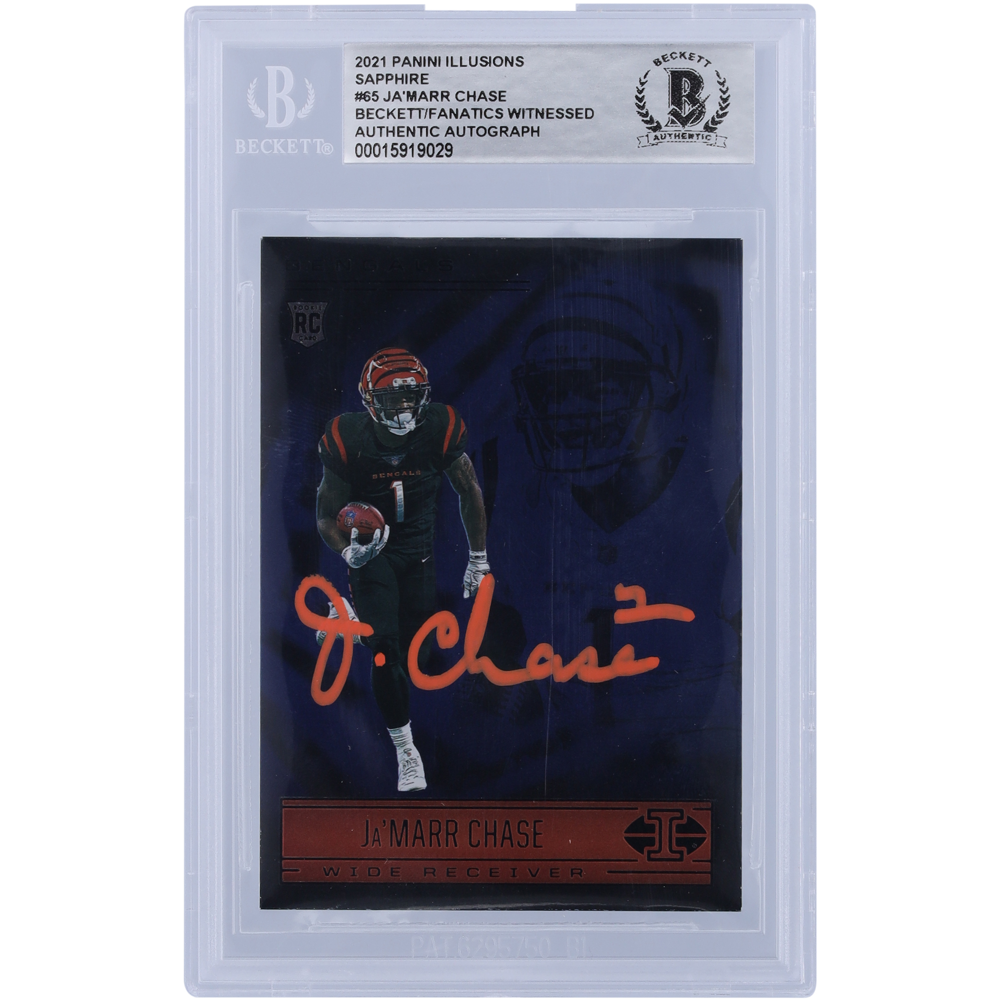 Ja’Marr Chase Cincinnati Bengals signierte 2021 Panini Illusions Sapphire Orange Ink #65 Beckett Fanatics bezeugte authentifizierte Rookie-Karte