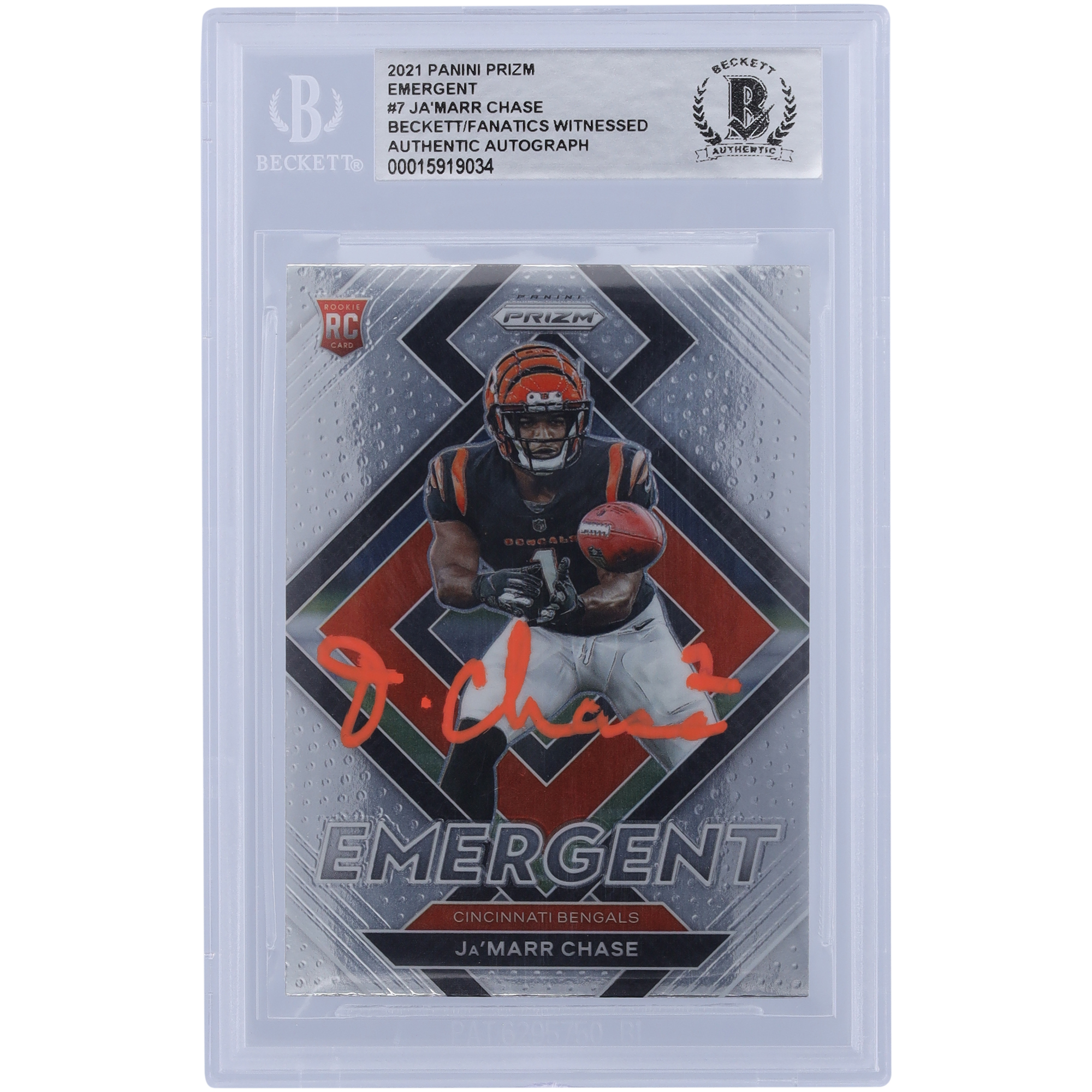 Ja’Marr Chase Cincinnati Bengals signierte 2021 Panini Prizm Emergent Orange Ink #E-7 Beckett Fanatics bezeugte authentifizierte Rookie-Karte