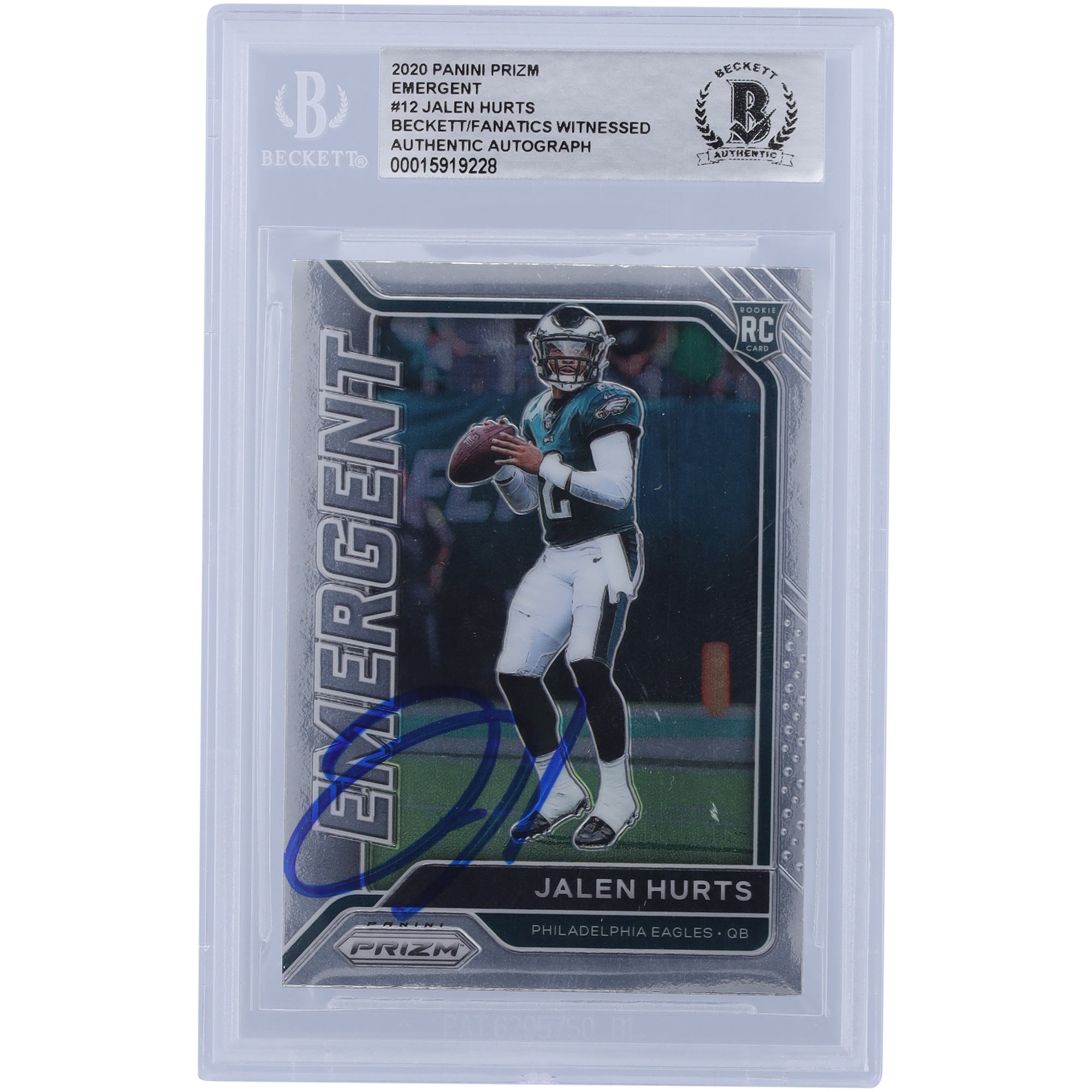 Jalen Hurts Philadelphia Eagles signierte 2020 Panini Prizm Emergent #12 Beckett Fanatics bezeugte authentifizierte Rookie-Karte