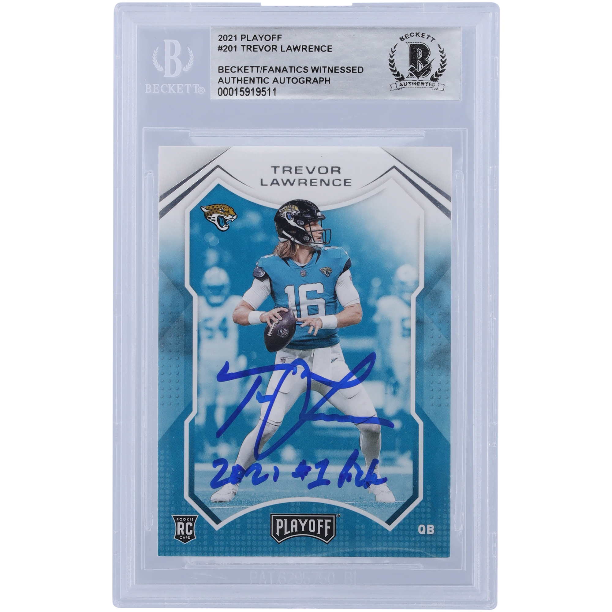 Trevor Lawrence Jacksonville Jaguars signierte 2021 Panini Playoff #201 Beckett Fanatics bezeugte authentifizierte Rookie-Karte mit der Aufschrift „2021 #1 Pick“