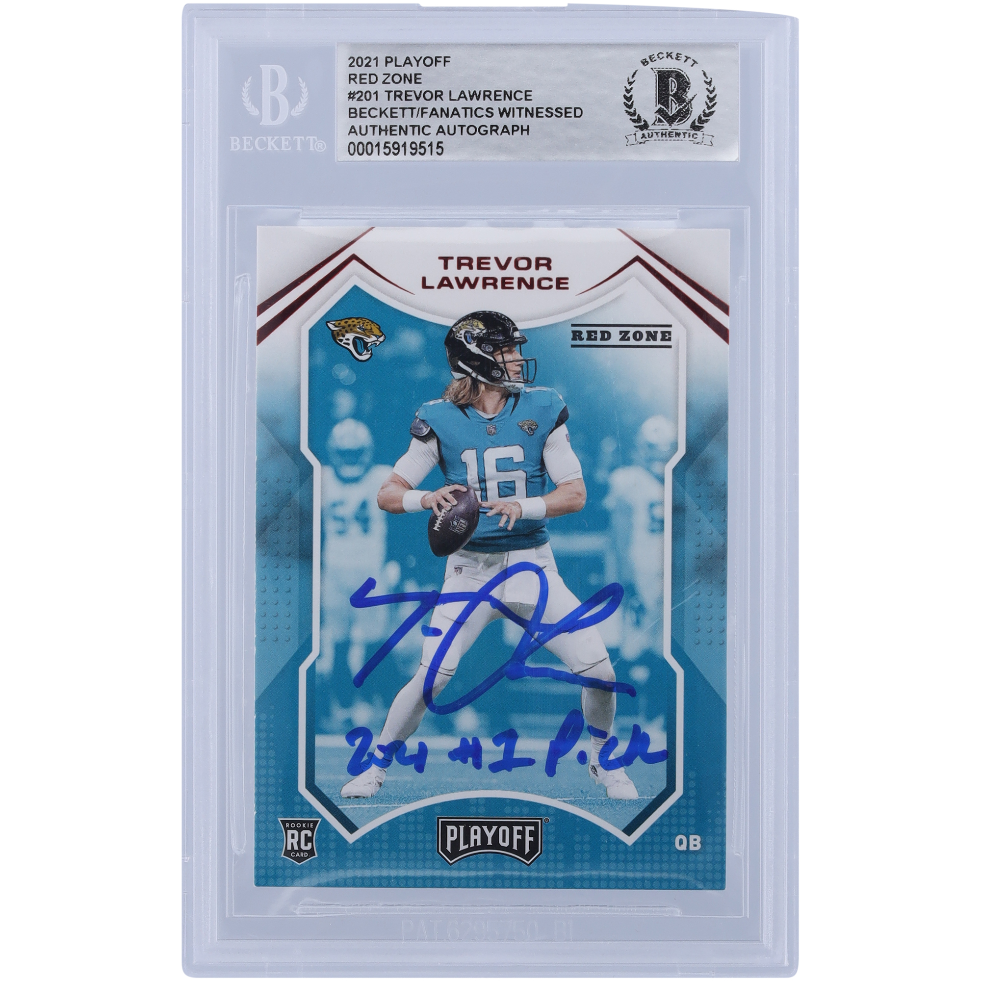 Trevor Lawrence Jacksonville Jaguars signierte 2021 Panini Playoff Red Zone #201 Beckett Fanatics bezeugte authentifizierte Rookie-Karte mit der Aufschrift „2021 #1 Pick“