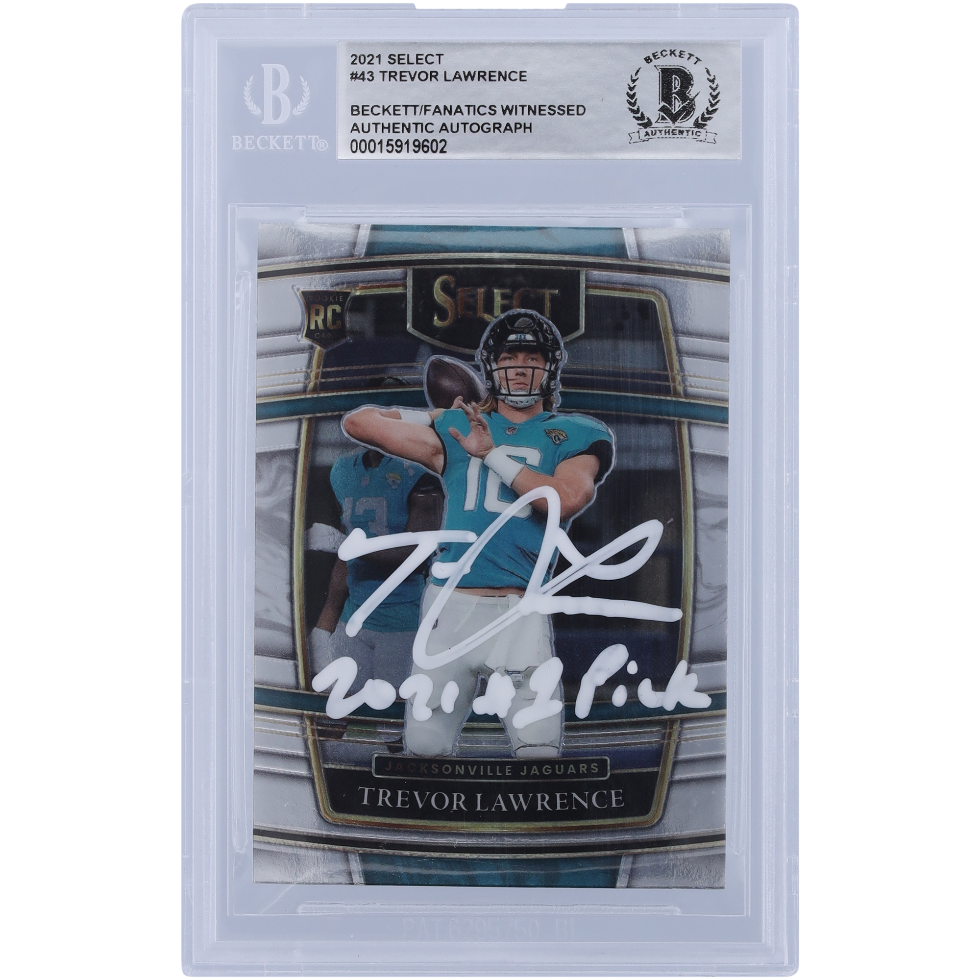 Trevor Lawrence Jacksonville Jaguars signierte 2021 Panini Select Concourse White Ink #43 Beckett Fanatics bezeugte authentifizierte Rookie-Karte mit der Aufschrift „2021 #1 Pick“