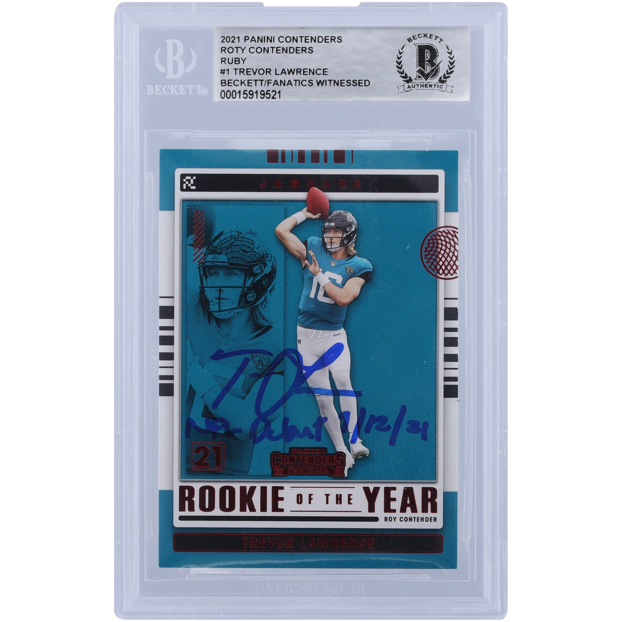 Trevor Lawrence Jacksonville Jaguars signierte 2021 Panini Contenders ROY Contenders Ruby #ROY-TLR Beckett Fanatics bezeugte authentifizierte Rookie-Karte mit der Aufschrift „NFL Debut 9/12/21“