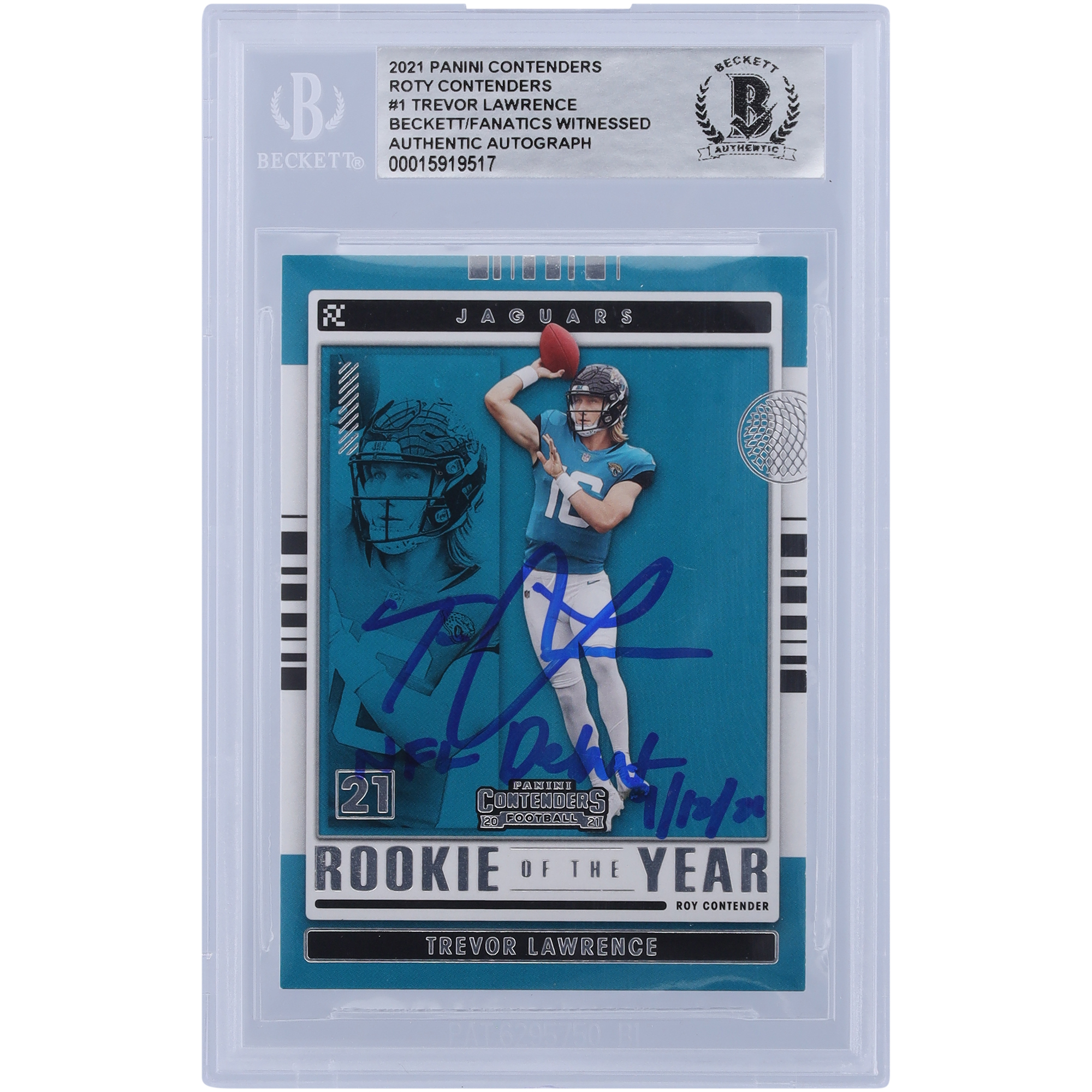 Trevor Lawrence Jacksonville Jaguars signierte 2021 Panini Contenders ROTY Contenders #ROY-TLR Beckett Fanatics bezeugte authentifizierte Rookie-Karte mit der Aufschrift „NFL Debut 9/12/21“