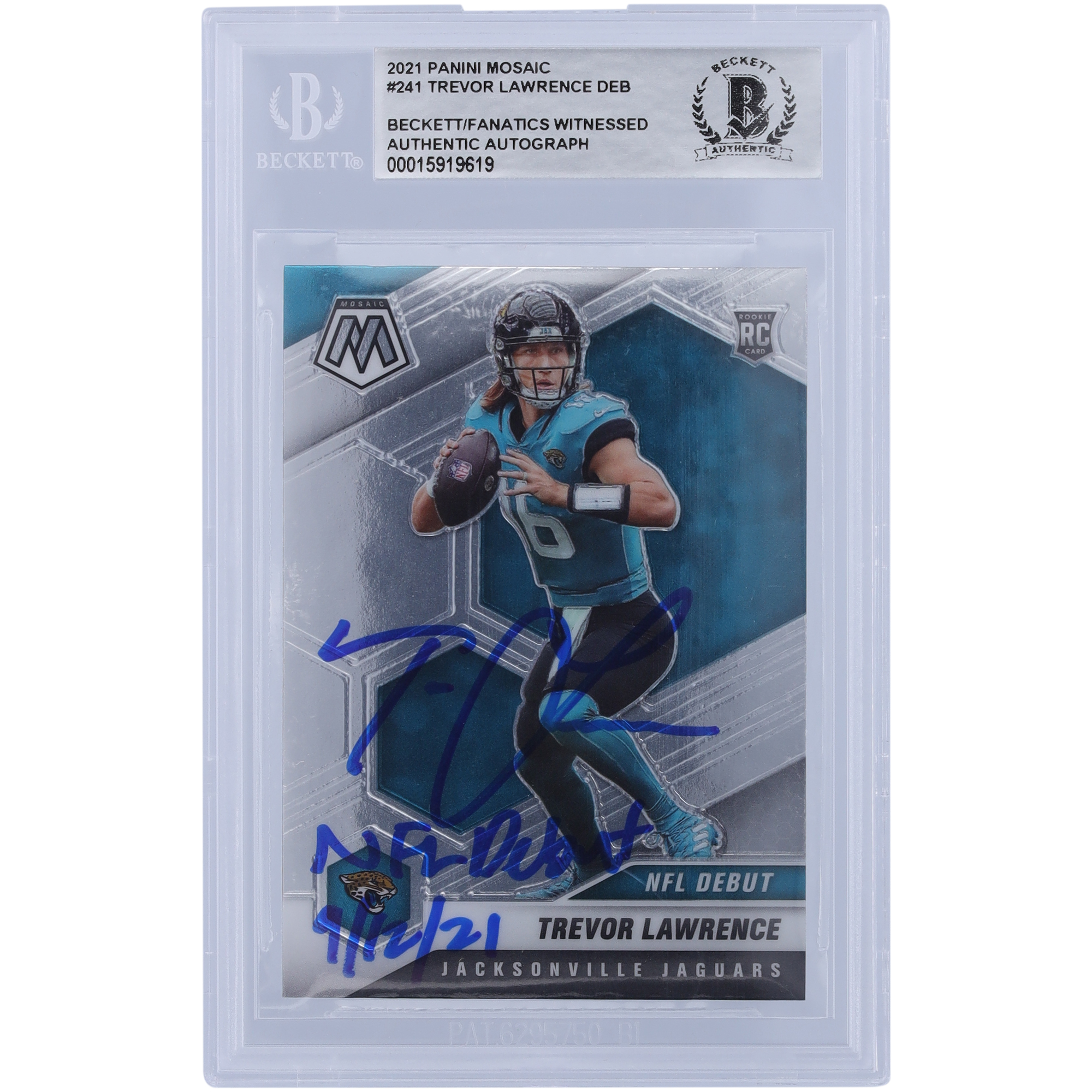 Trevor Lawrence Jacksonville Jaguars signierte 2021 Panini Mosaic NFL Debut #241 Beckett Fanatics bezeugte authentifizierte Rookie-Karte mit der Aufschrift „NFL Debut 9/12/21“