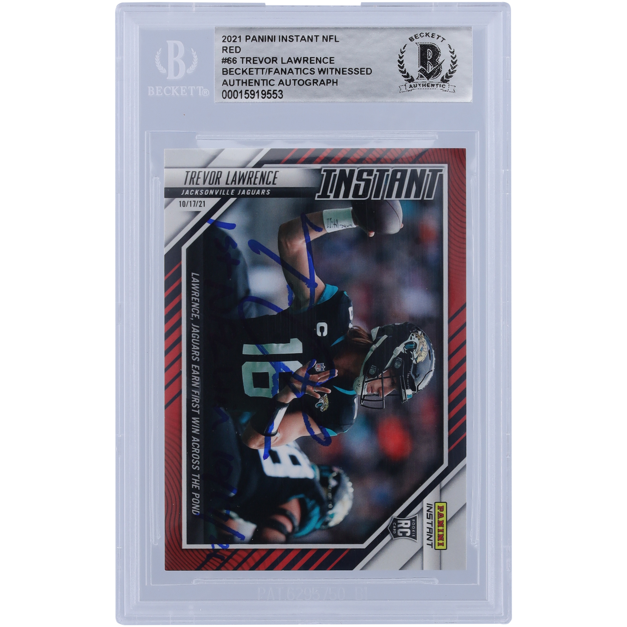 Trevor Lawrence Jacksonville Jaguars signierte 2021 Panini Instant Red Variation #66 #/99 Beckett Fanatics bezeugte authentifizierte Rookie-Karte mit der Aufschrift „1. NFL-Sieg 17.10.21“