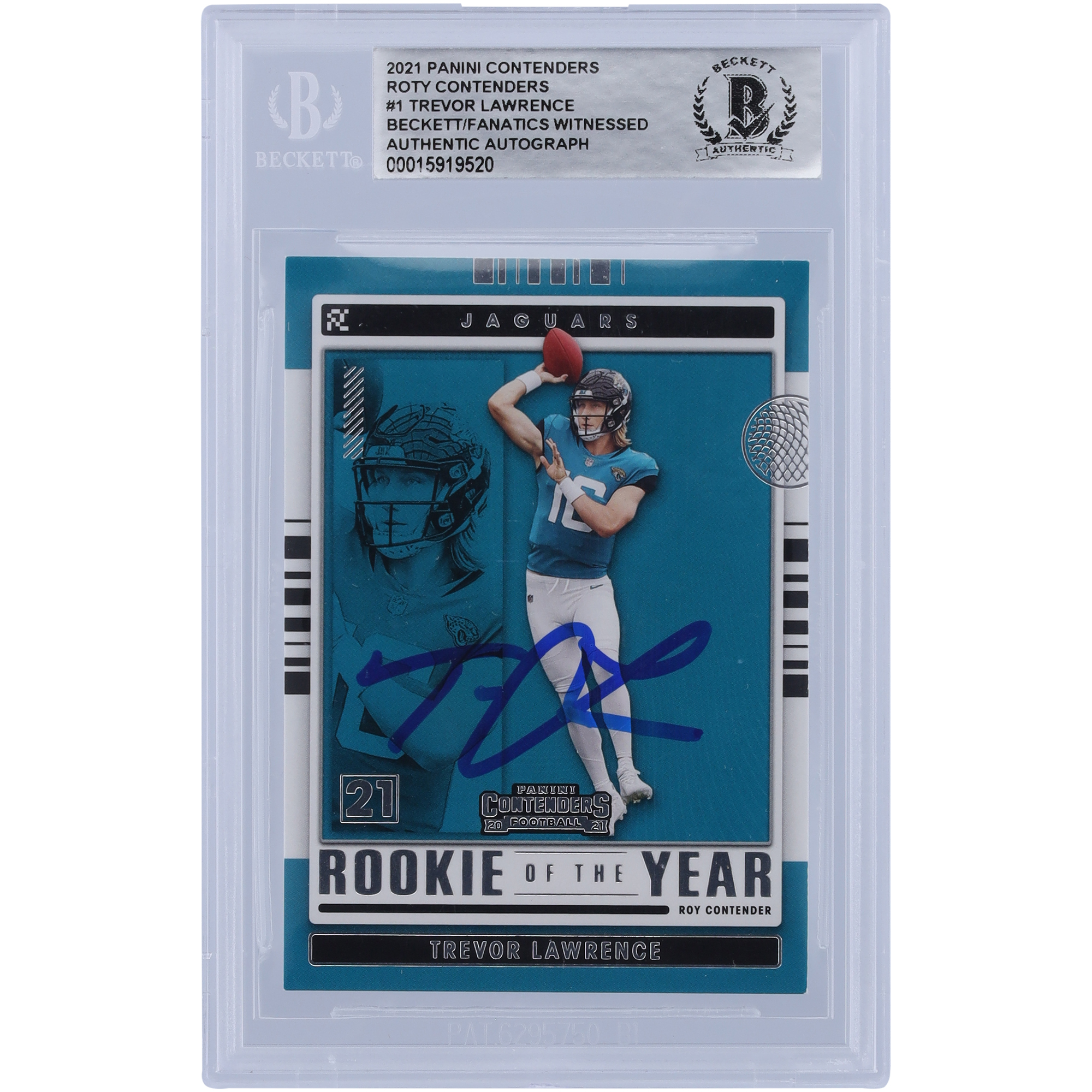 Trevor Lawrence Jacksonville Jaguars signierte 2021 Panini Contenders ROY Contenders #ROY-TLR Beckett Fanatics bezeugte authentifizierte Rookie-Karte