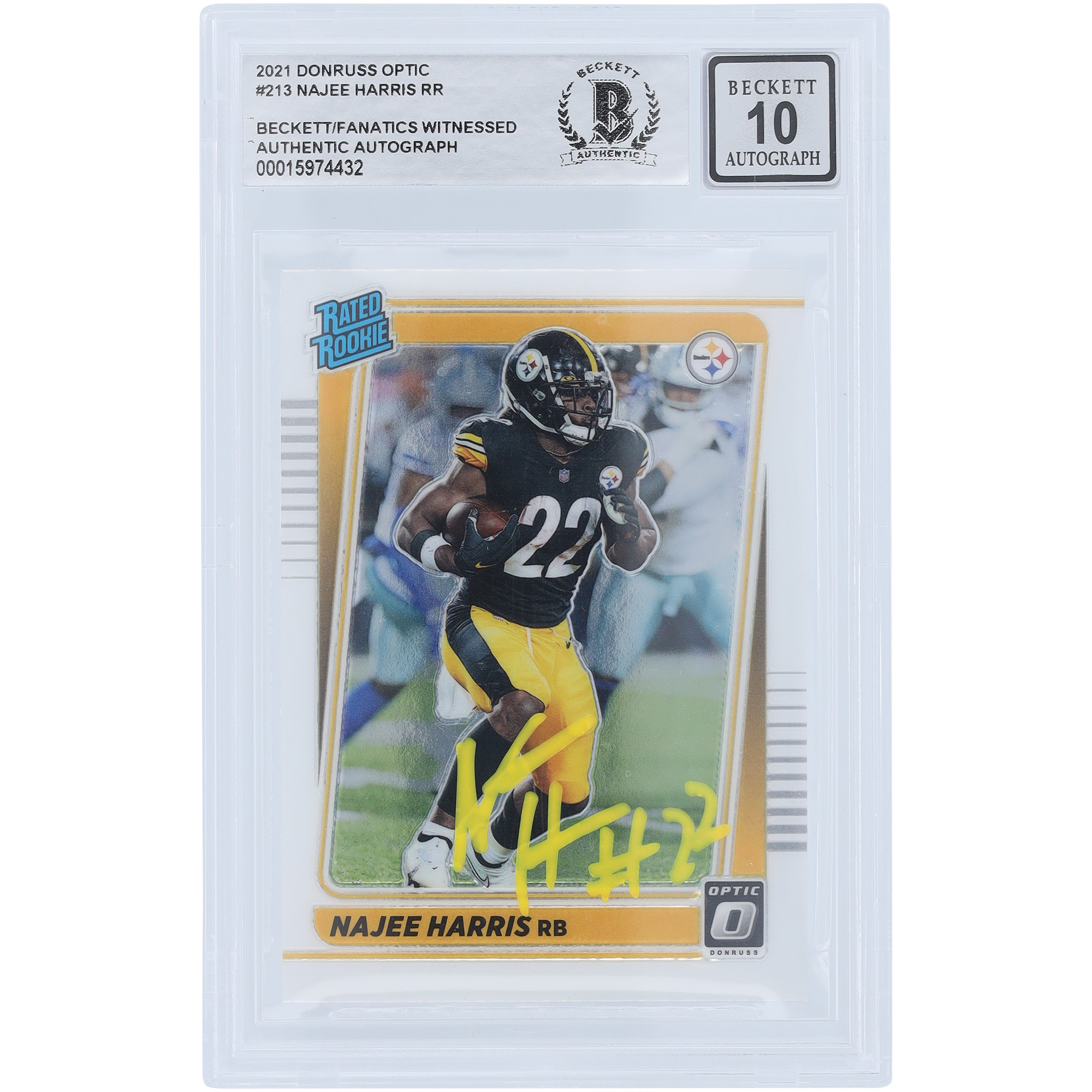 Najee Harris Pittsburgh Steelers signiert 2021 Panini Donruss Optic #213 Beckett Fanatics bezeugt authentifizierte 10 Rookie-Karte