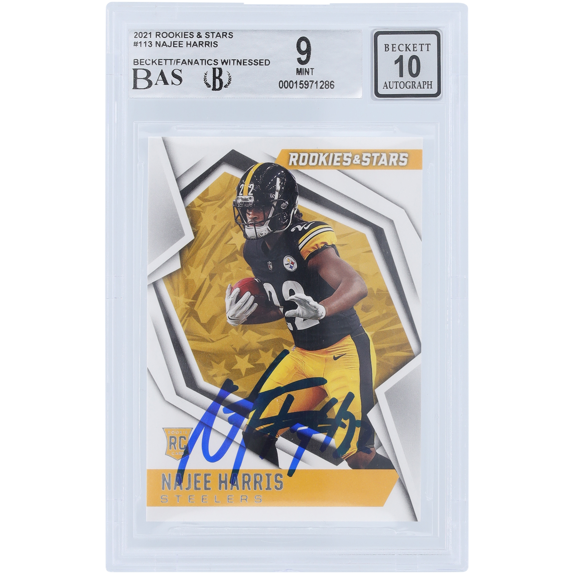 Najee Harris Pittsburgh Steelers signierte 2021 Panini Rookies & Stars #113 Beckett Fanatics bezeugte authentifizierte 9/10 Rookie-Karte