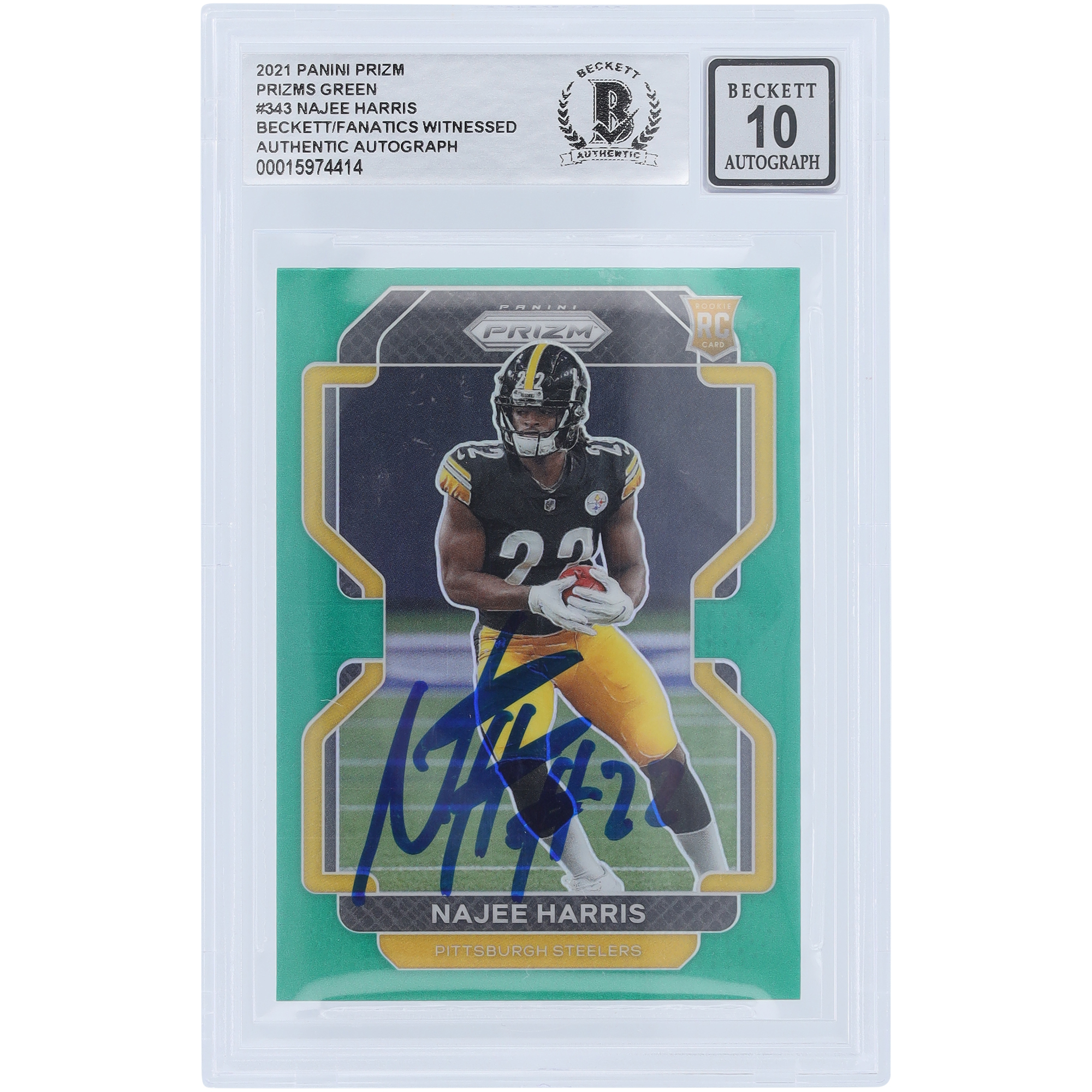 Najee Harris Pittsburgh Steelers signiert 2021 Panini Prizm Green #343 Beckett Fanatics bezeugt authentifiziert 10 Rookie-Karte