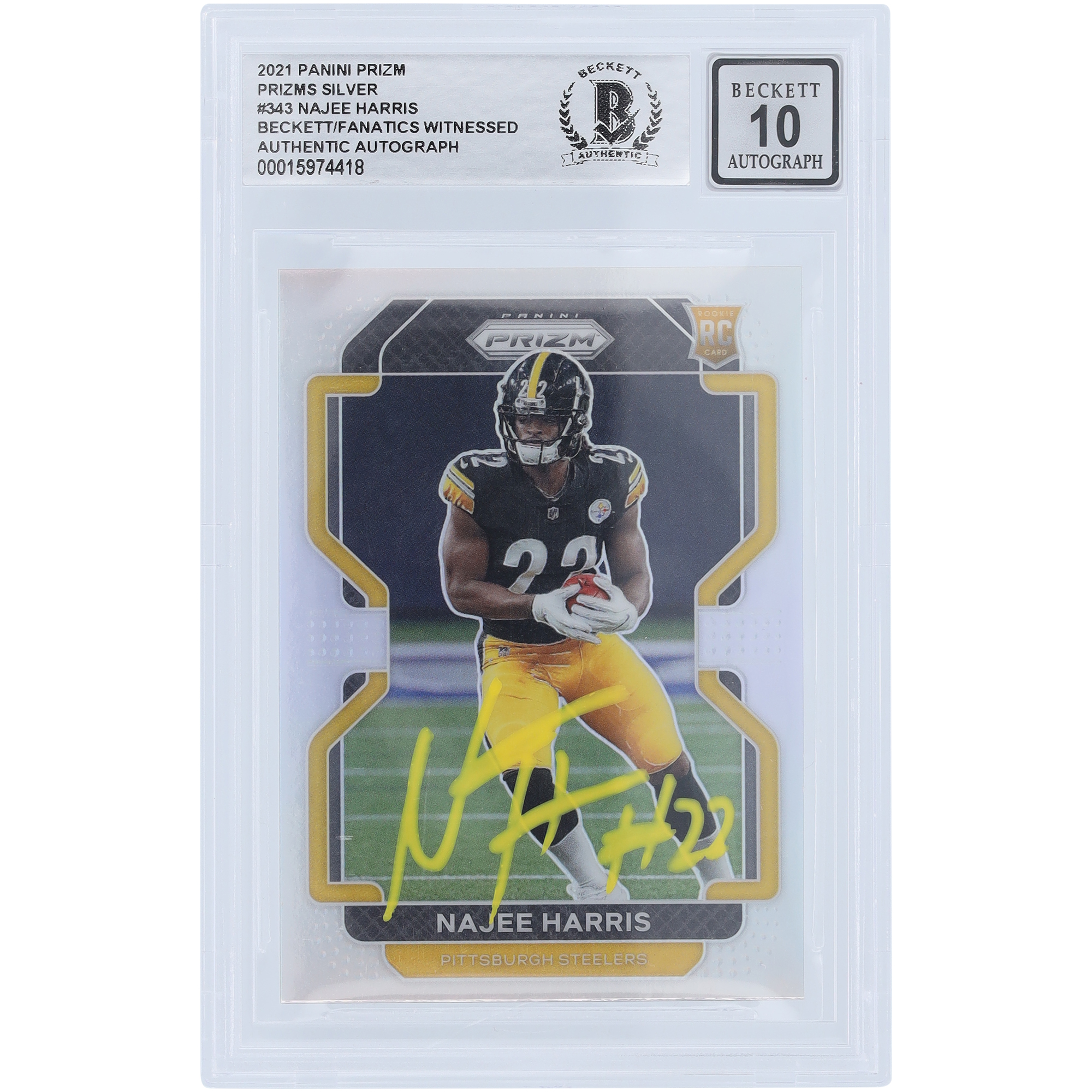 Najee Harris Pittsburgh Steelers signiert 2021 Panini Prizm Silver #343 Beckett Fanatics bezeugt authentifizierte 10 Rookie-Karte