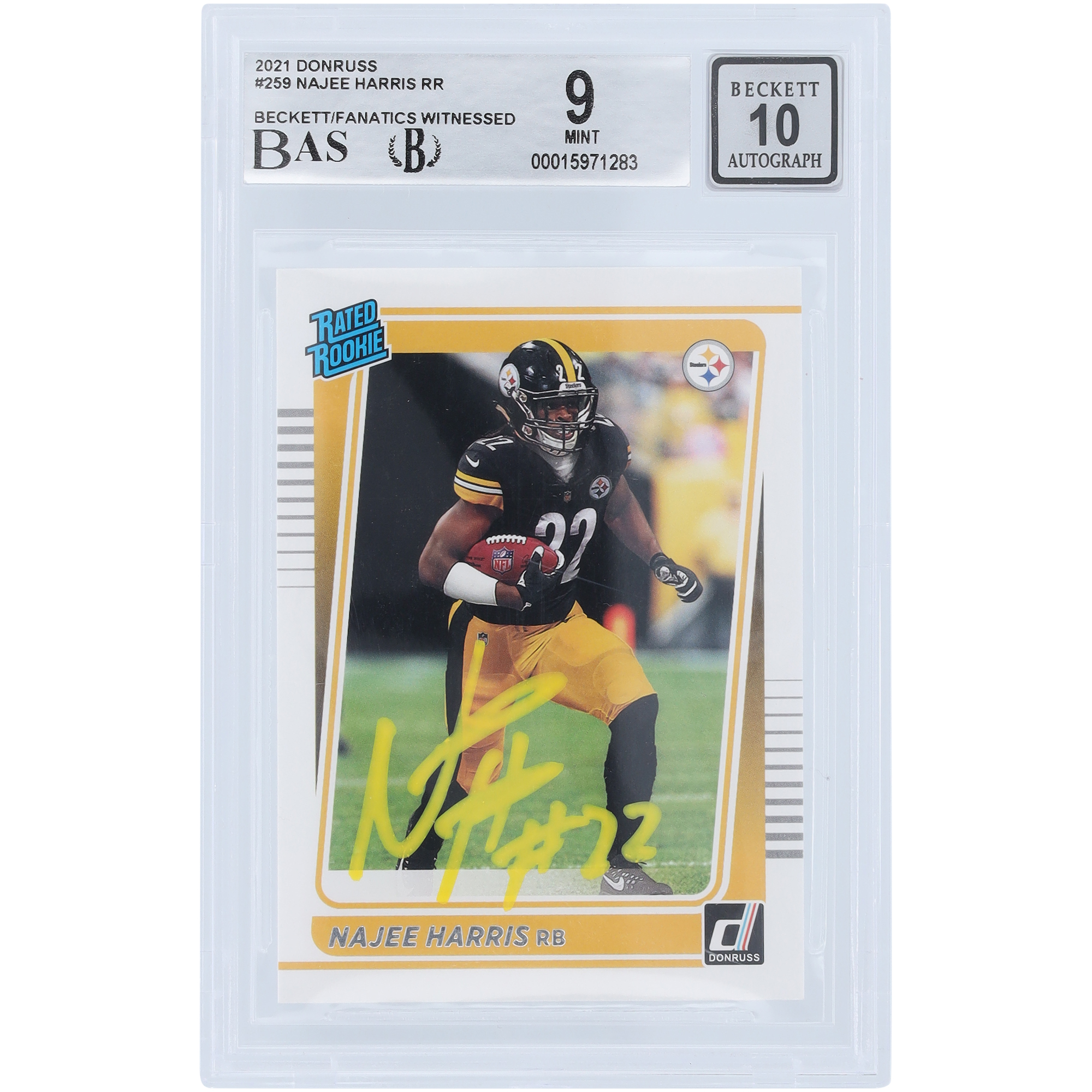 Najee Harris Pittsburgh Steelers signierte 2021 Panini Donruss #259 Beckett Fanatics bezeugte authentifizierte 9/10 Rookie-Karte