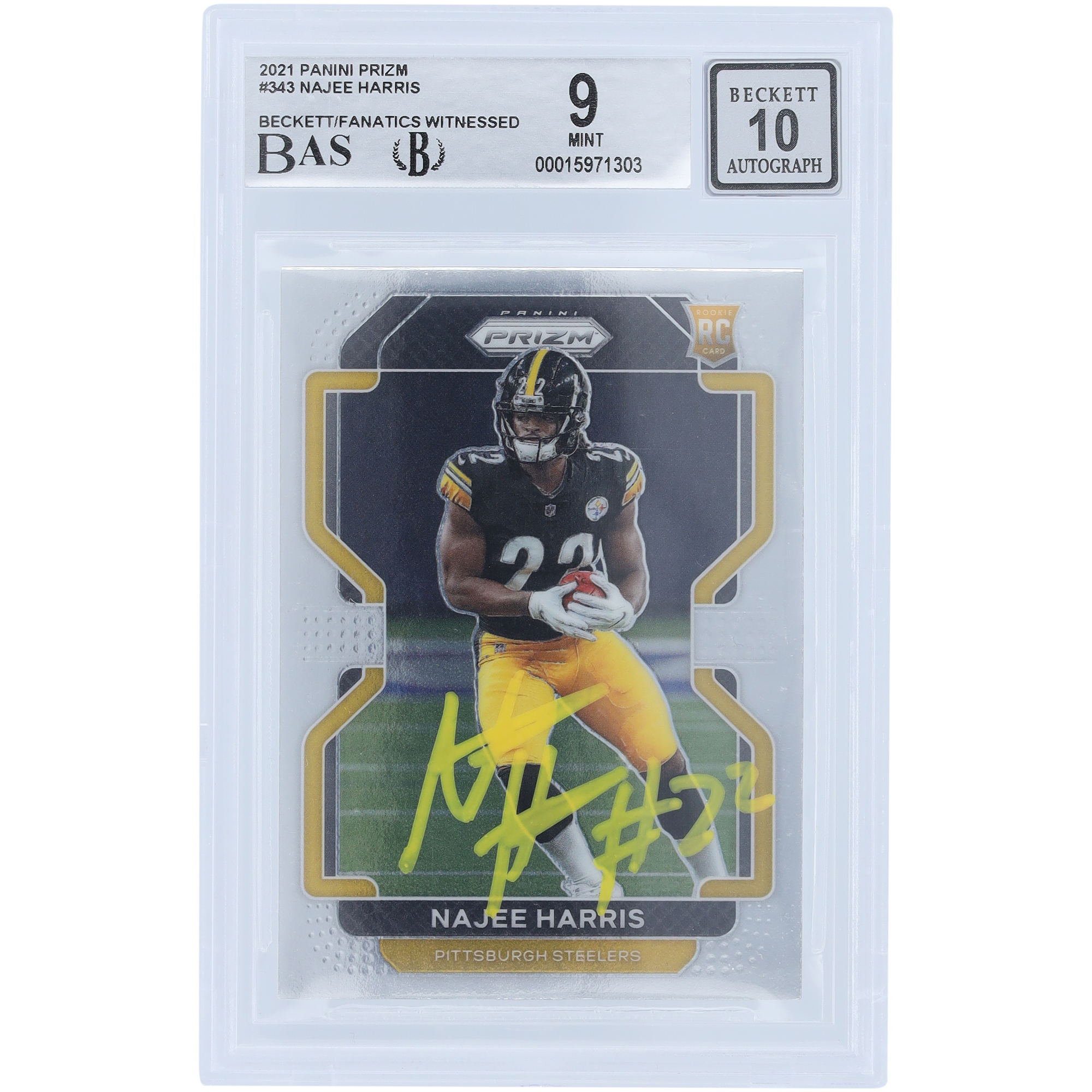 Najee Harris Pittsburgh Steelers signierte 2021 Panini Prizm #343 Beckett Fanatics bezeugte authentifizierte 9/10 Rookie-Karte