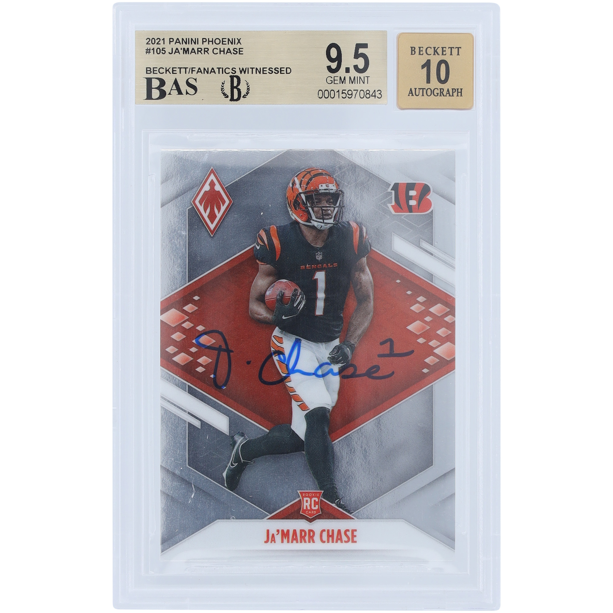 Ja’Marr Chase Cincinnati Bengals signierte 2021 Panini Phoenix #105 Beckett Fanatics bezeugte authentifizierte 9,5/10 Rookie-Karte