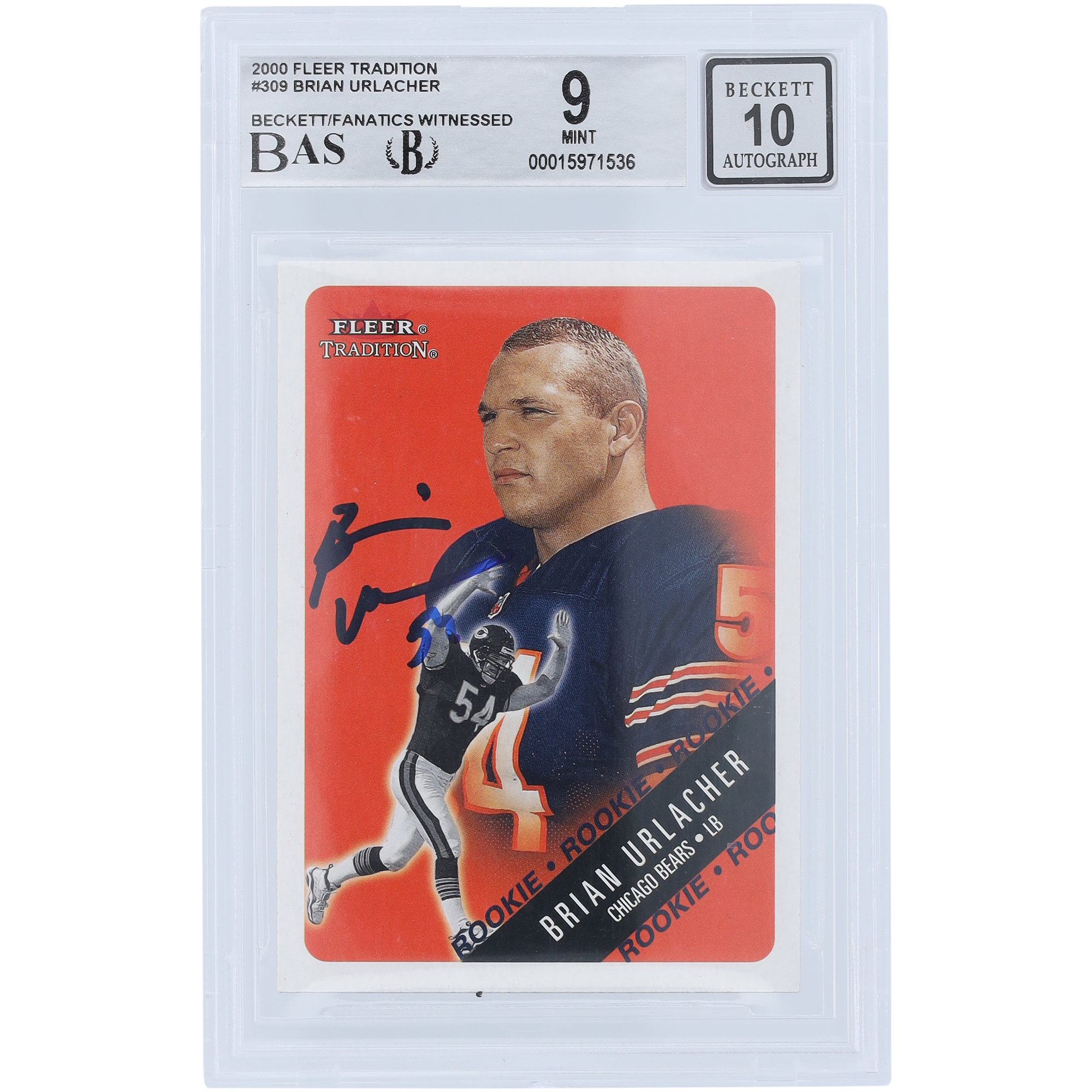 Brian Urlacher Chicago Bears signierte 2000 Fleer Tradition #309 Beckett Fanatics bezeugte authentifizierte 9/10 Rookie-Karte