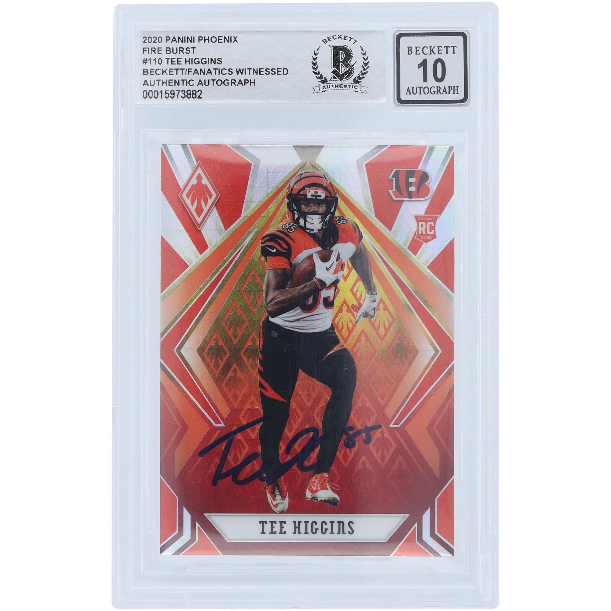 Tee Higgins Cincinnati Bengals signierte 2020 Panini Phoenix Fire Burst #110 Beckett Fanatics bezeugte authentifizierte 10 Rookie-Karte