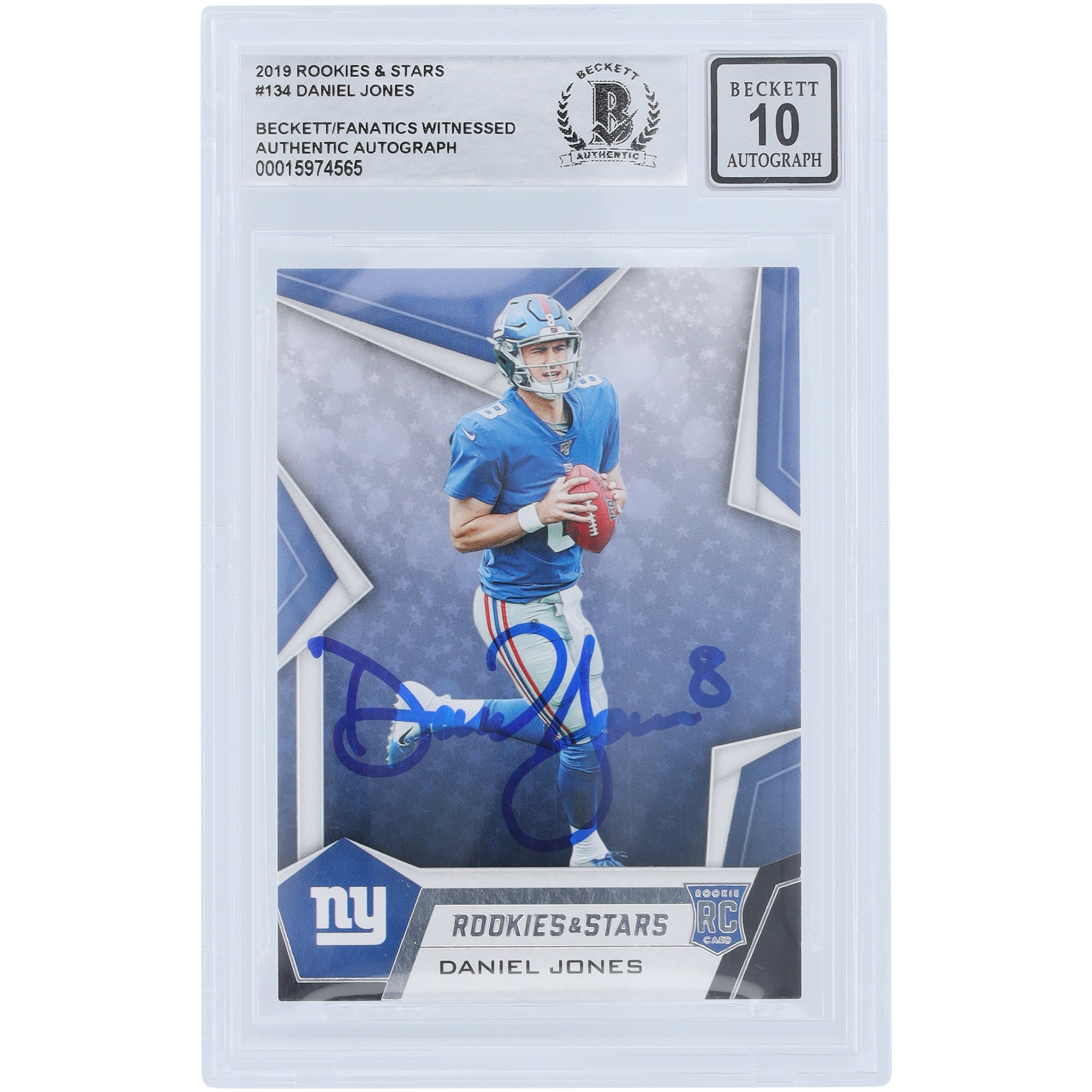 Daniel Jones New York Giants signierte 2019 Panini Rookies & Stars #134 Beckett Fanatics bezeugte authentifizierte 10 Rookie-Karte