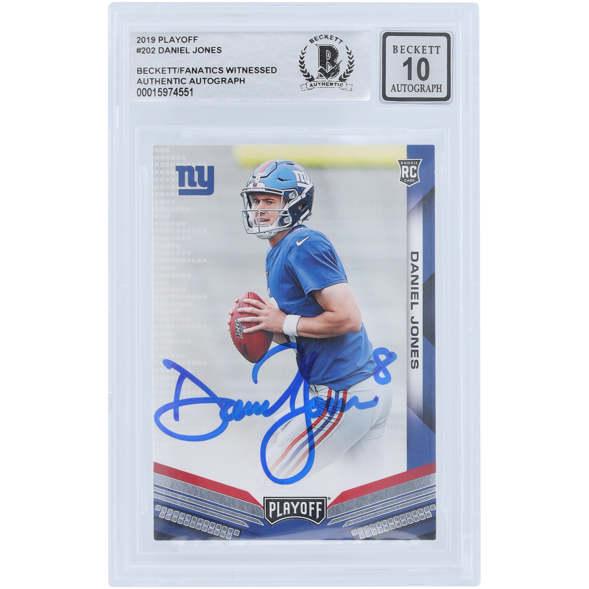 Daniel Jones New York Giants signierte 2019 Panini Playoff #202 Beckett Fanatics bezeugte authentifizierte 10 Rookie-Karte