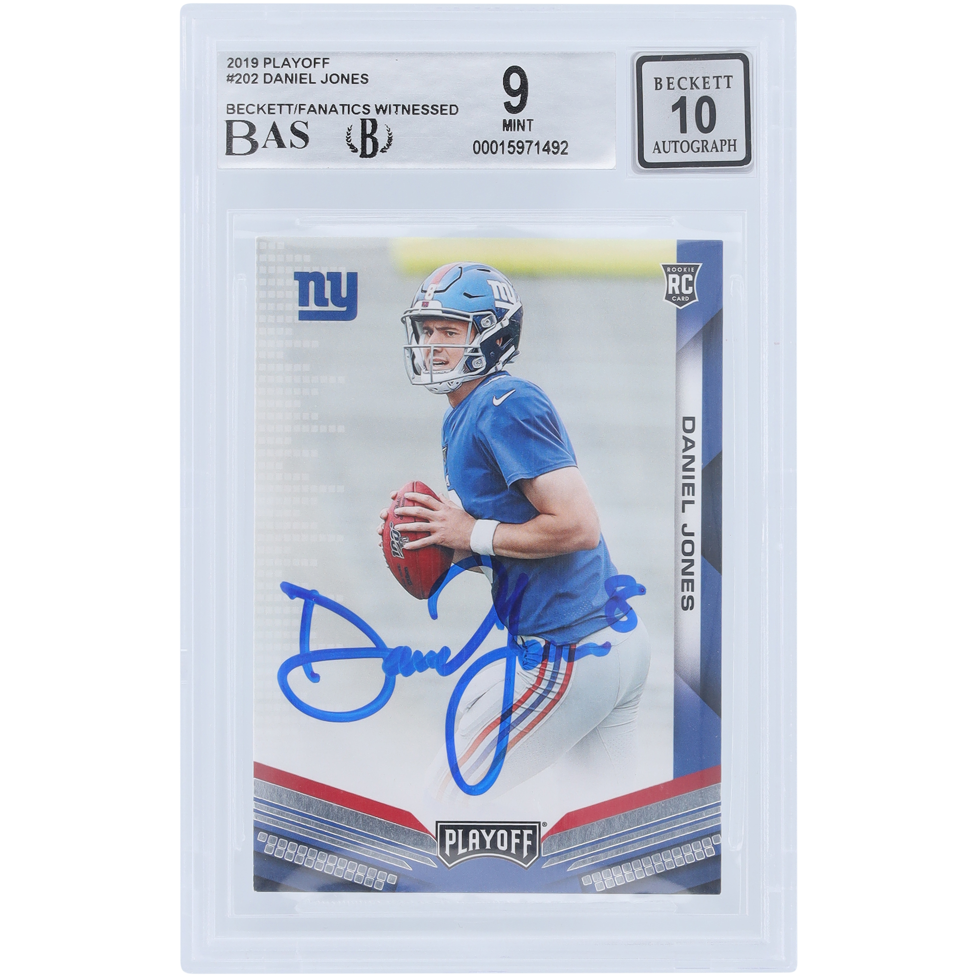 Daniel Jones New York Giants signierte 2019 Panini Playoff #202 Beckett Fanatics bezeugte authentifizierte 9/10 Rookie-Karte