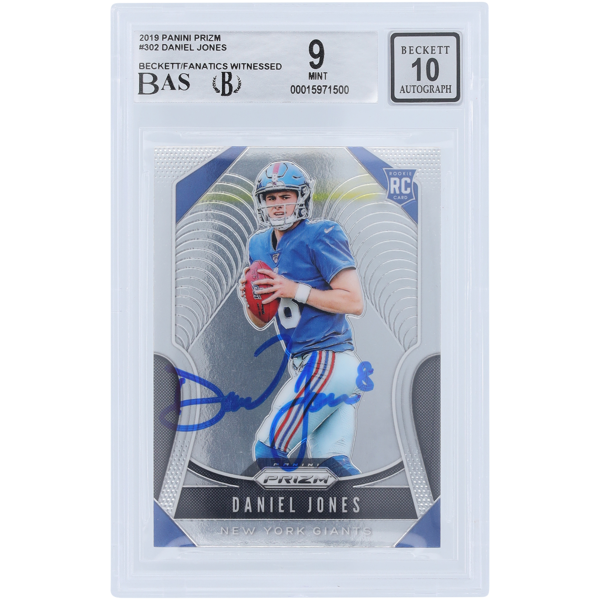 Daniel Jones New York Giants signierte 2019 Panini Prizm #302 Beckett Fanatics bezeugte authentifizierte 9/10 Rookie-Karte