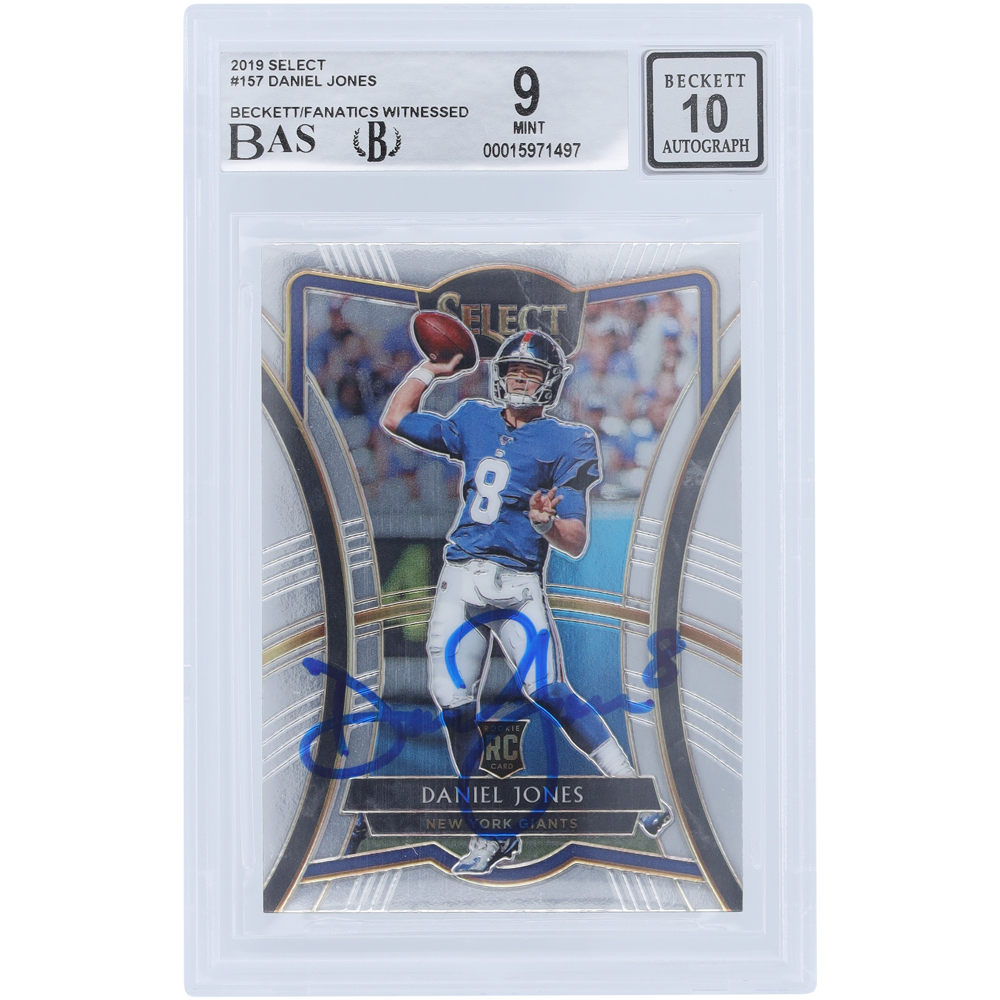 Daniel Jones New York Giants signierte 2019 Panini Select #157 Beckett Fanatics bezeugte authentifizierte 9/10 Rookie-Karte