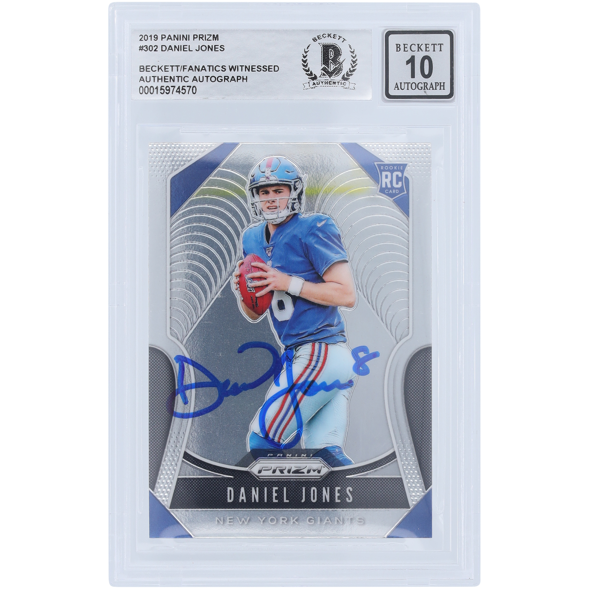 Daniel Jones New York Giants signierte 2019 Panini Prizm #302 Beckett Fanatics bezeugte authentifizierte 10 Rookie-Karte