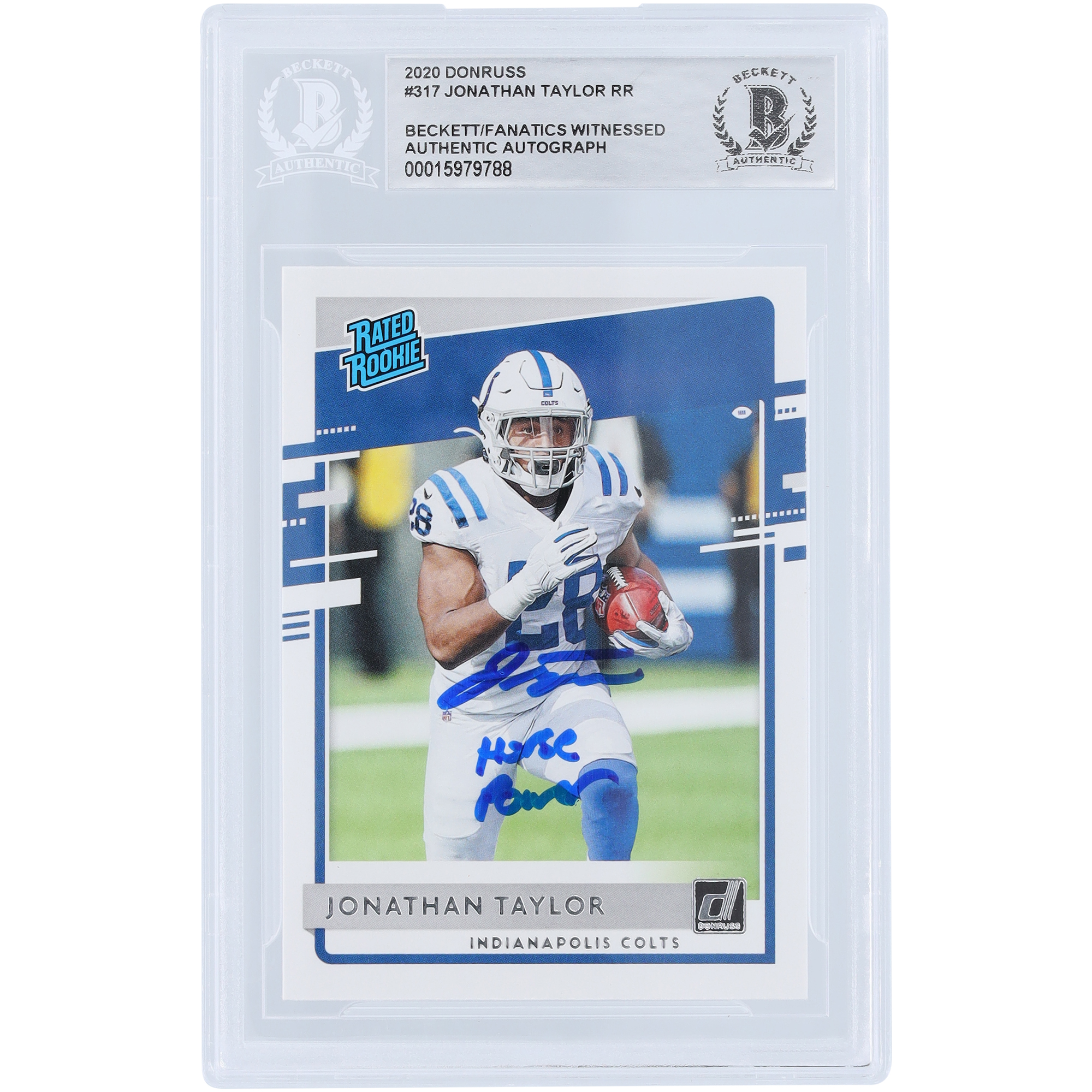 Jonathan Taylor, Indianapolis Colts, signierte 2020 Panini Donruss Rookie #317, von Beckett Fanatics bezeugte authentifizierte Rookie-Karte mit „Horse Power“-Aufschrift