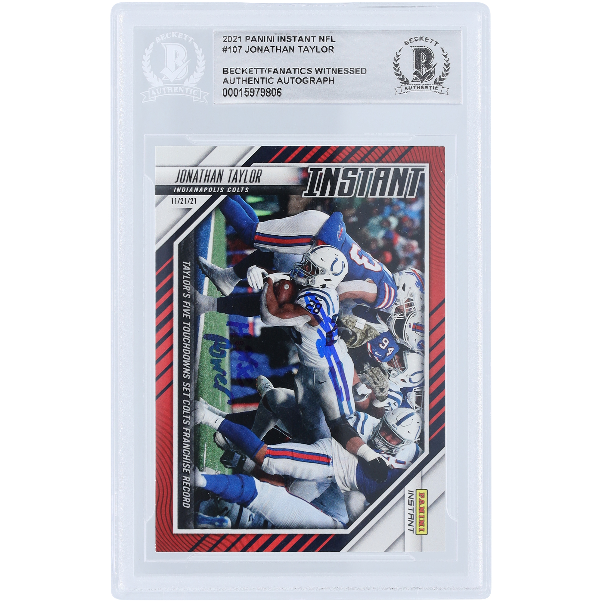 Jonathan Taylor Indianapolis Colts signierte 2021 Panini Instant Fanatics Exklusiv #107 #/99 Beckett Fanatics beglaubigte authentifizierte Karte mit „Horse Power“-Inschrift