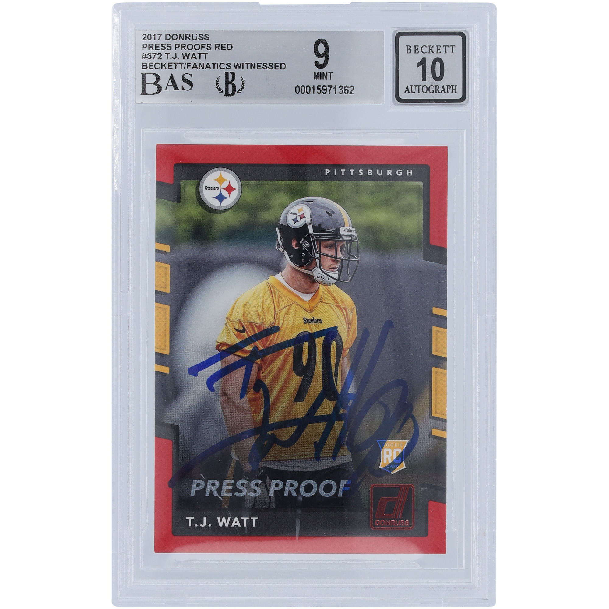 T.J. Watt Pittsburgh Steelers signierte 2017 Panini Donruss Press Proof Red #372 Beckett Fanatics bezeugte authentifizierte 9/10 Rookie-Karte